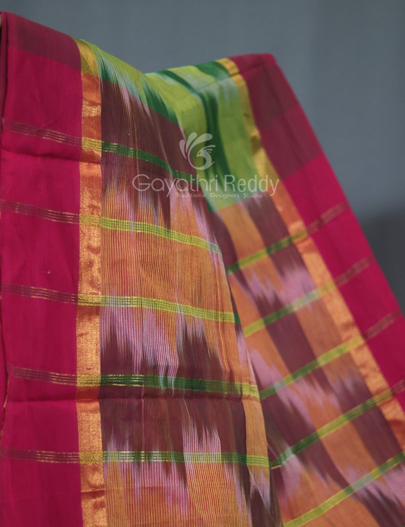 Dual Shades of Parrot Green And Mango Green Mangalagiri Ikkat Cotton Saree By Gayathri Reddy Designer Studio | Swadesiicart