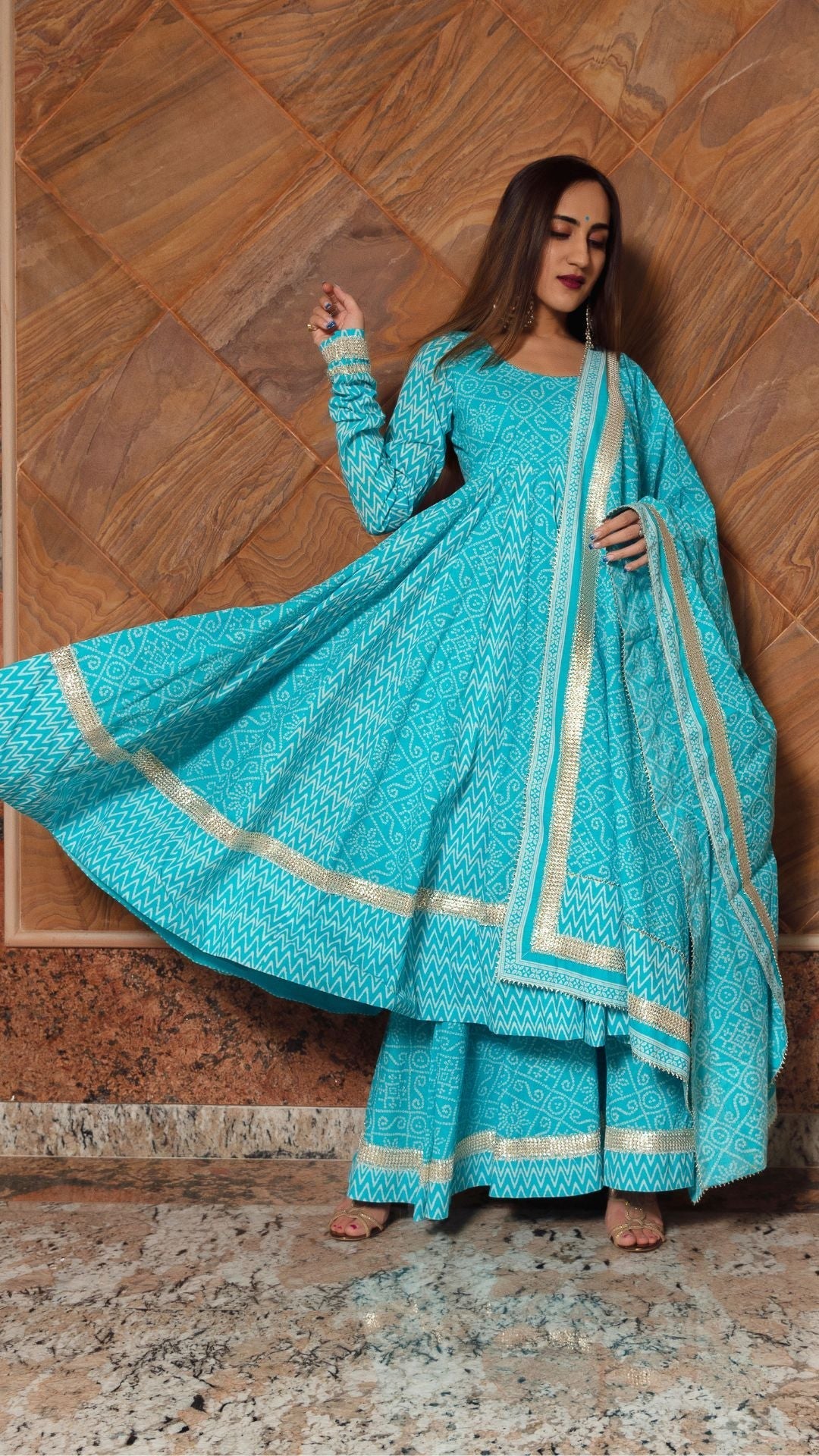 Pomcha Jaipur Neelkari Blue Cotton Anarkali Set | Swadesiicart