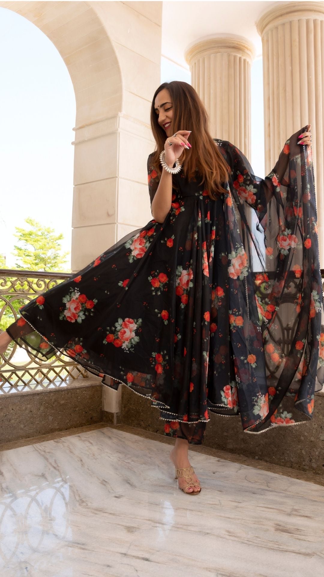 Pomcha Jaipur Red And Black Organza Anarkali Set | Swadesiicart