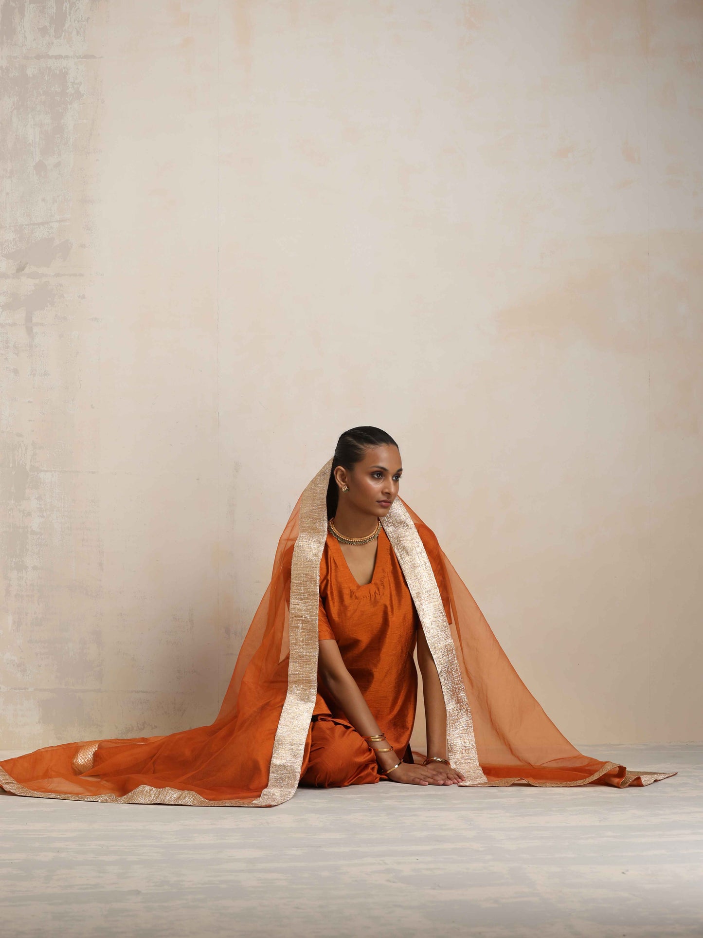 trueBrowns Orange Silk Sharara Dupatta Set | Swadesiicart