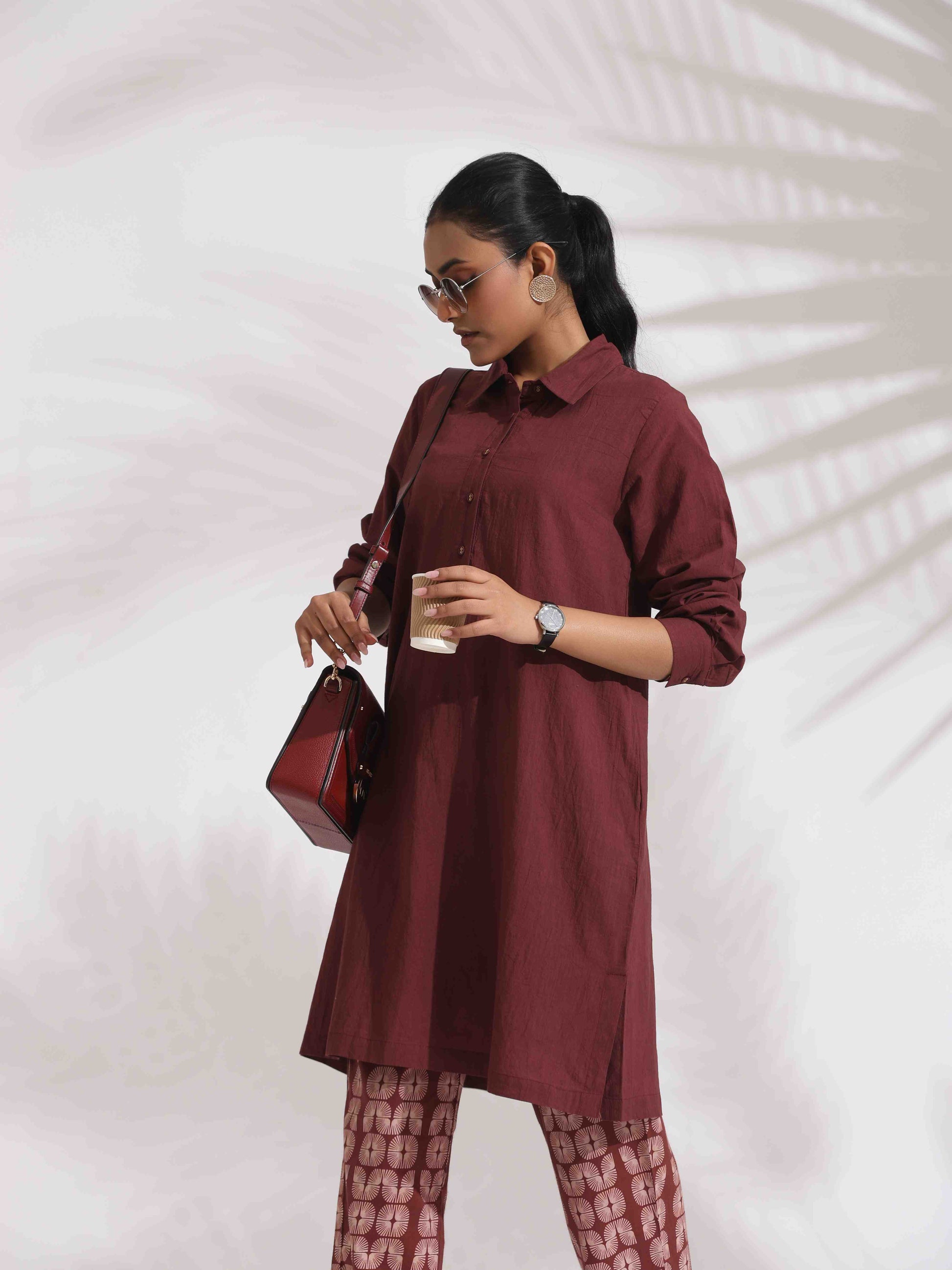 trueBrowns Brown Cotton Solid Kurta Co-ord Set - Swadesiicart