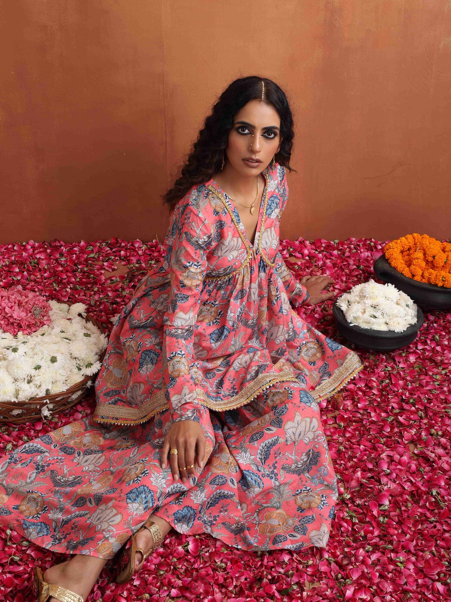 trueBrowns Orange Print Sharara Set | Swadesiicart