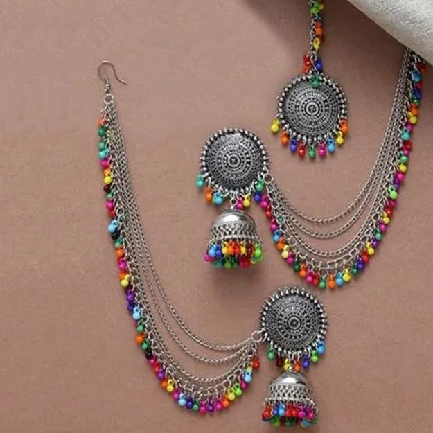 Tehzeeb Creations Women's Multi Colour Beads Earring With Ear Chain | Swadesiicart