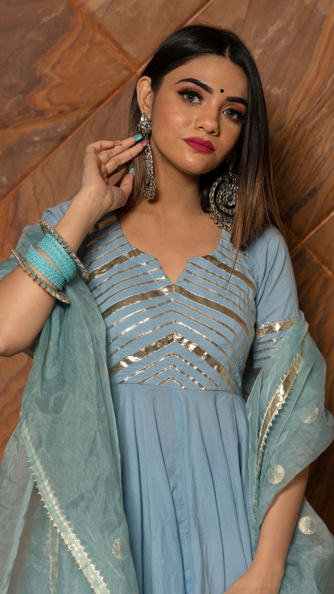 Pomcha Jaipur Powder Blue Pure Cotton Anarkali Set | Swadesiicart