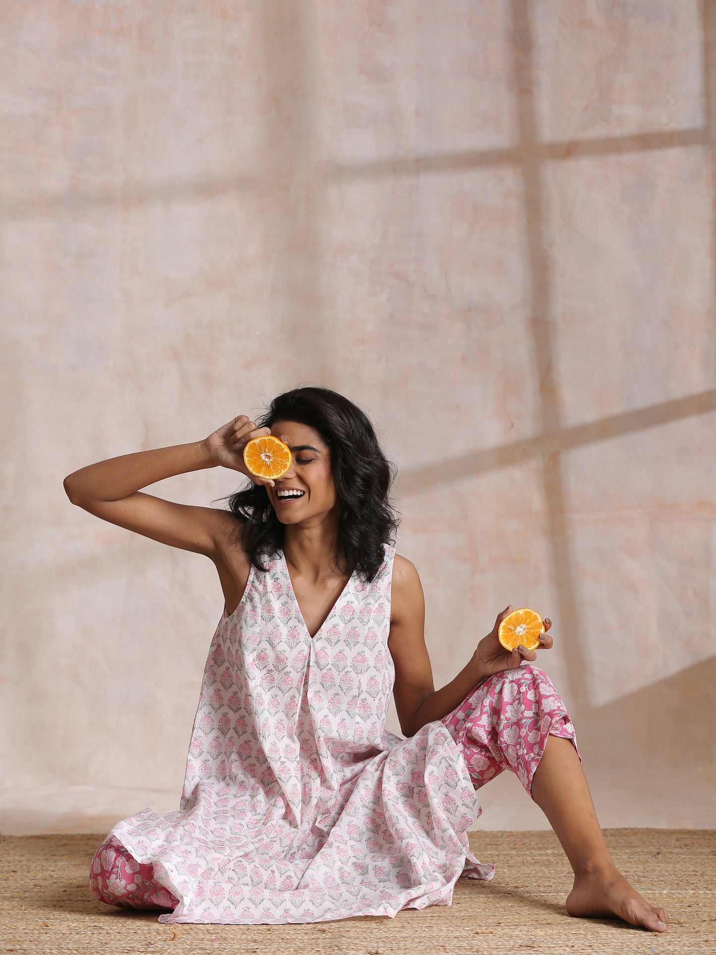 trueBrowns Pink Green Floral On White Block Print Cotton Sleeveless Flared Kurta Pant Set | Swadesiicart