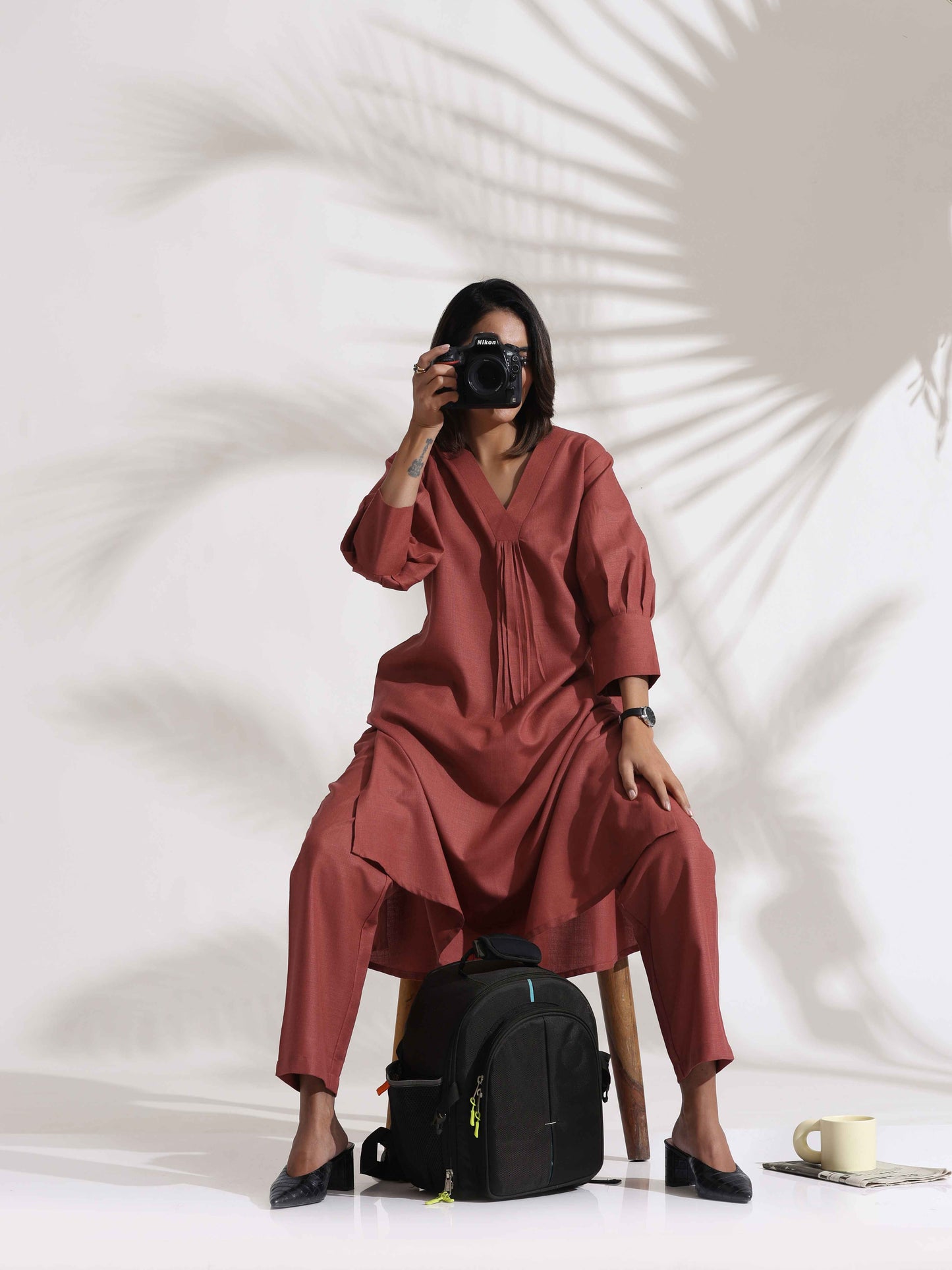 trueBrowns Pink Slub Kurta Set | Swadesiicart