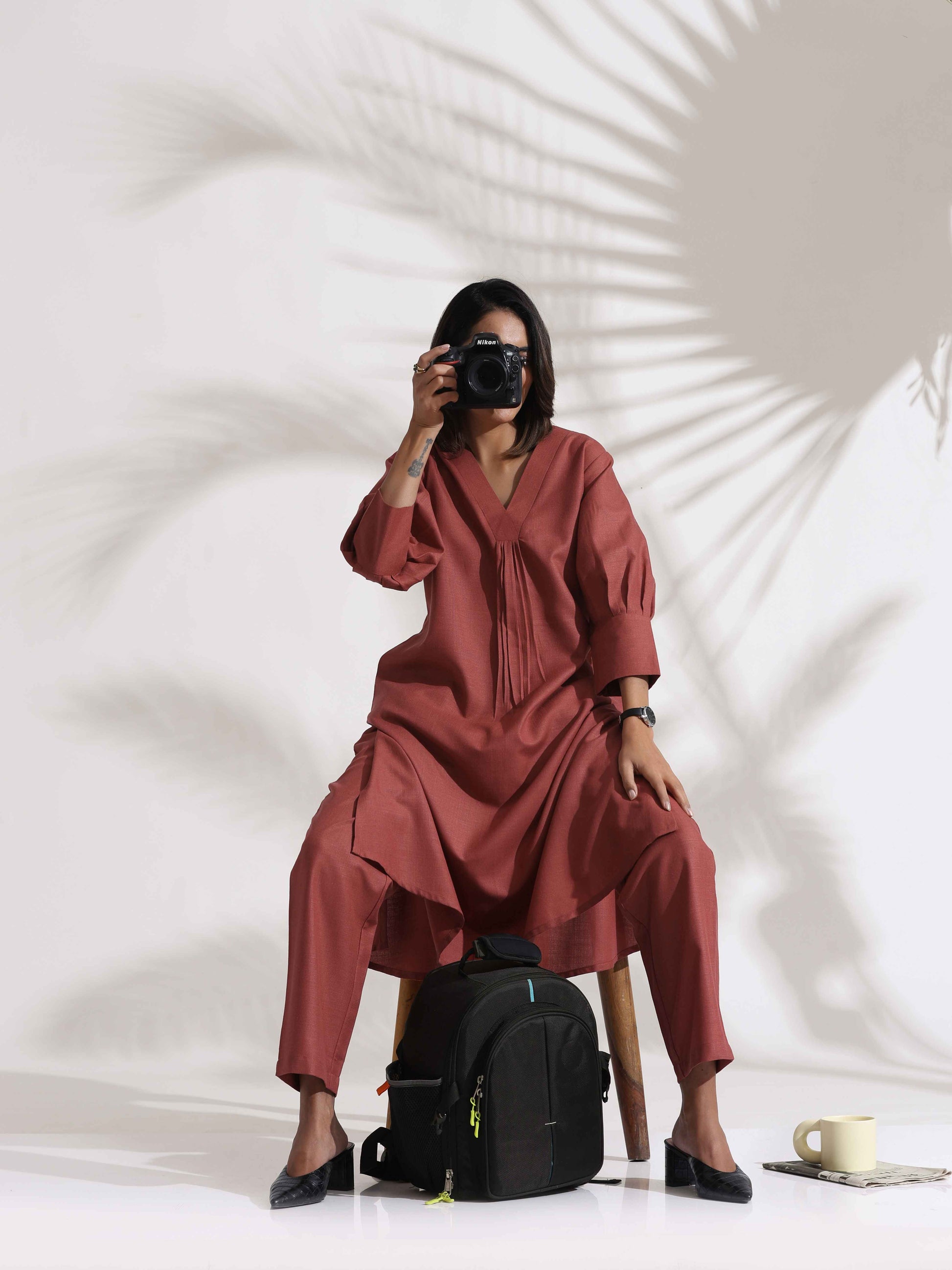 trueBrowns Pink Slub Kurta Set | Swadesiicart