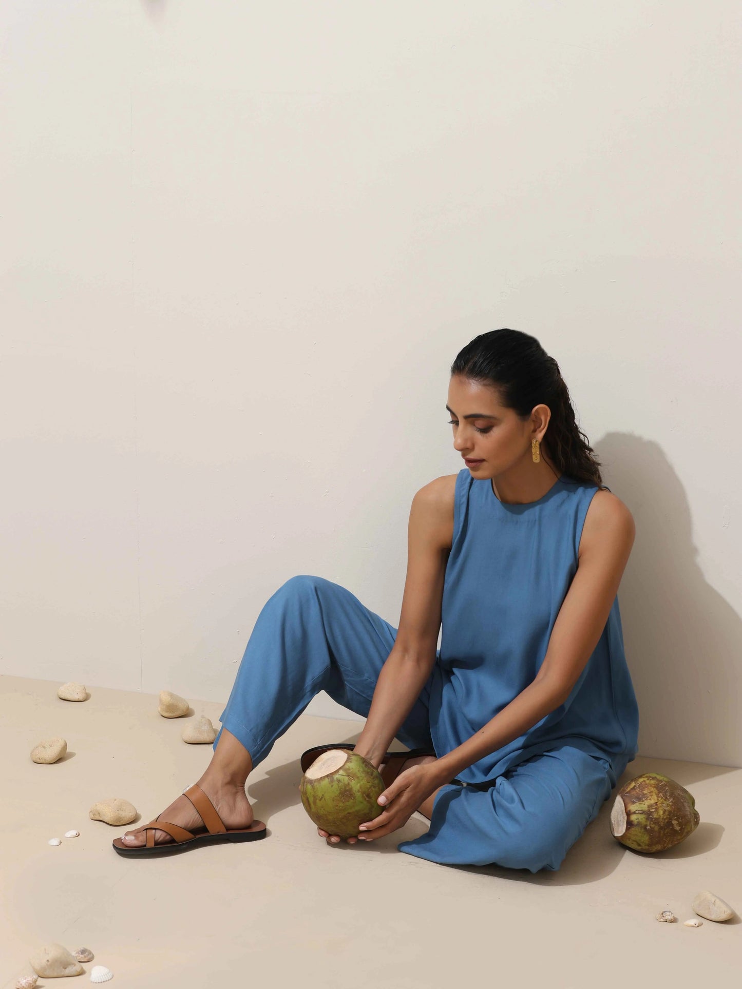 trueBrowns Blue Viscose Solid Co-ord Set - Swadesiicart