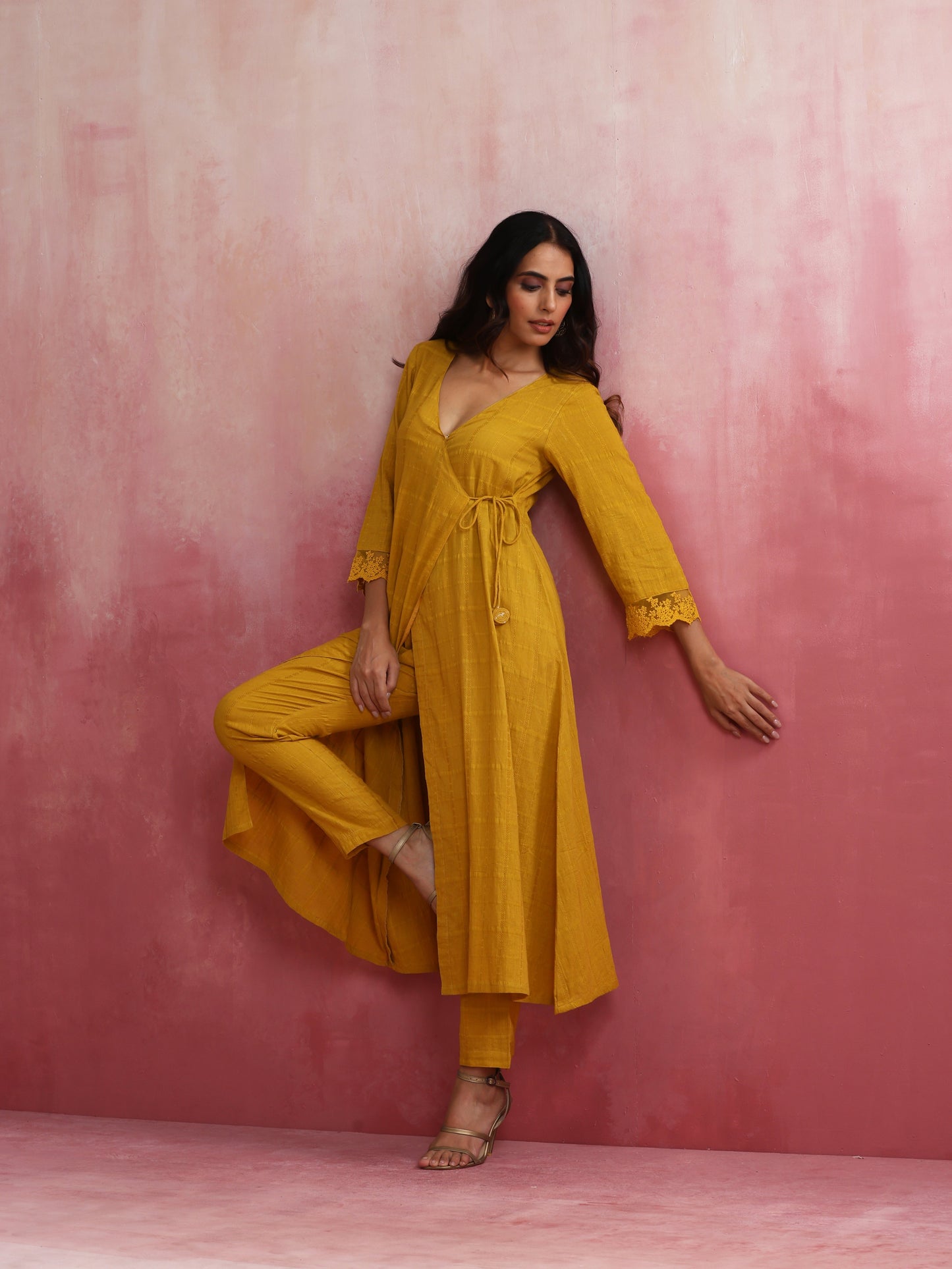 trueBrowns Mustard Cotton Dobby Kurta Set | Swadesiicart