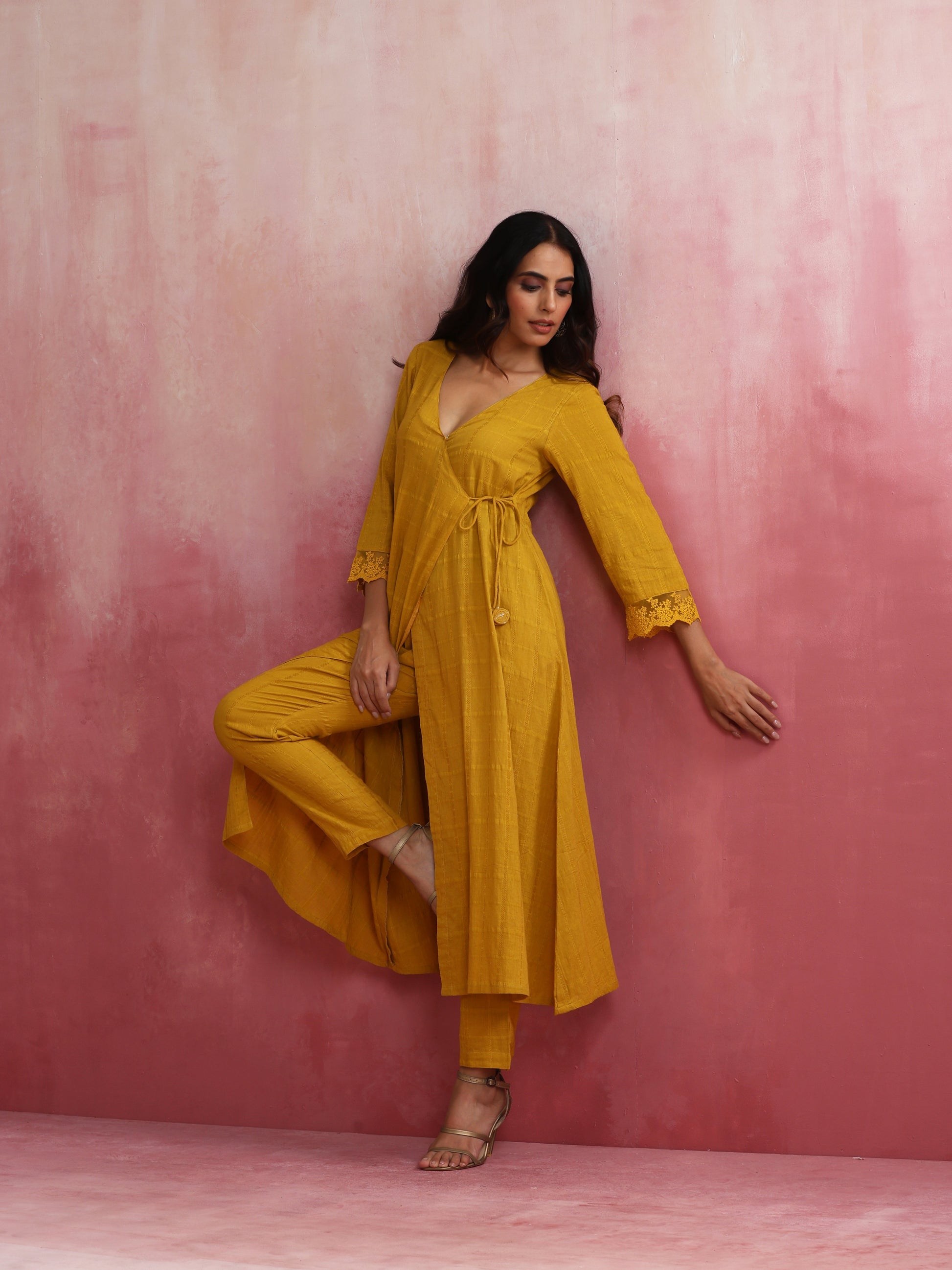 trueBrowns Mustard Cotton Dobby Kurta Set | Swadesiicart