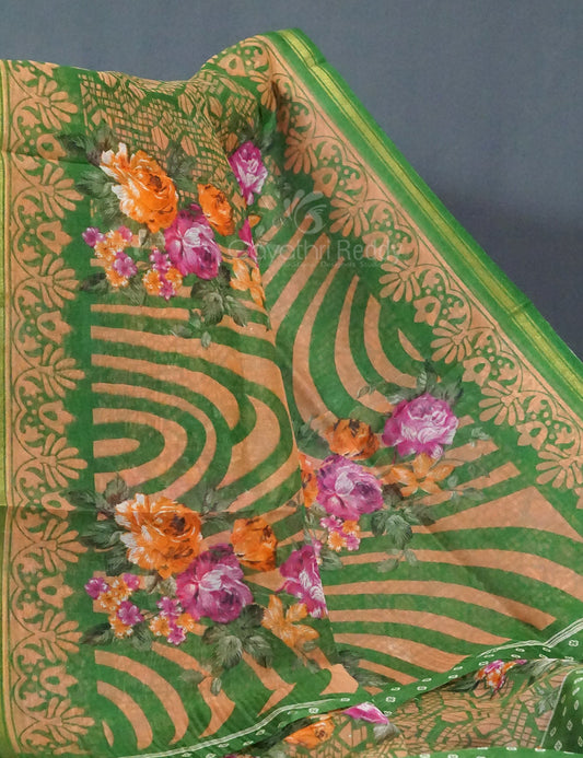 Shades of Parrot Green Colour Floral Design Semi Chanderi Saree By Gayathri Reddy Designer Studio | Swadesiicart