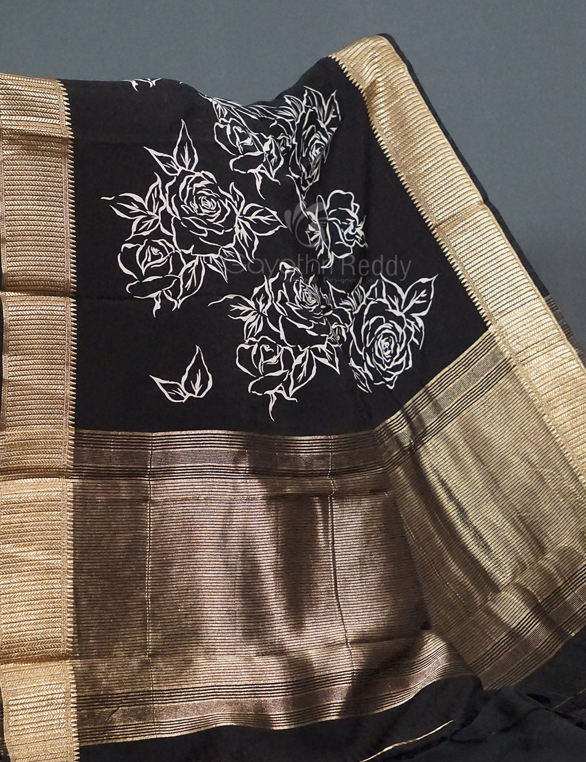 Shades of Black Floral Screen Dola Silk Saree By Gayathri Reddy Designer Studio | Swadesiicart