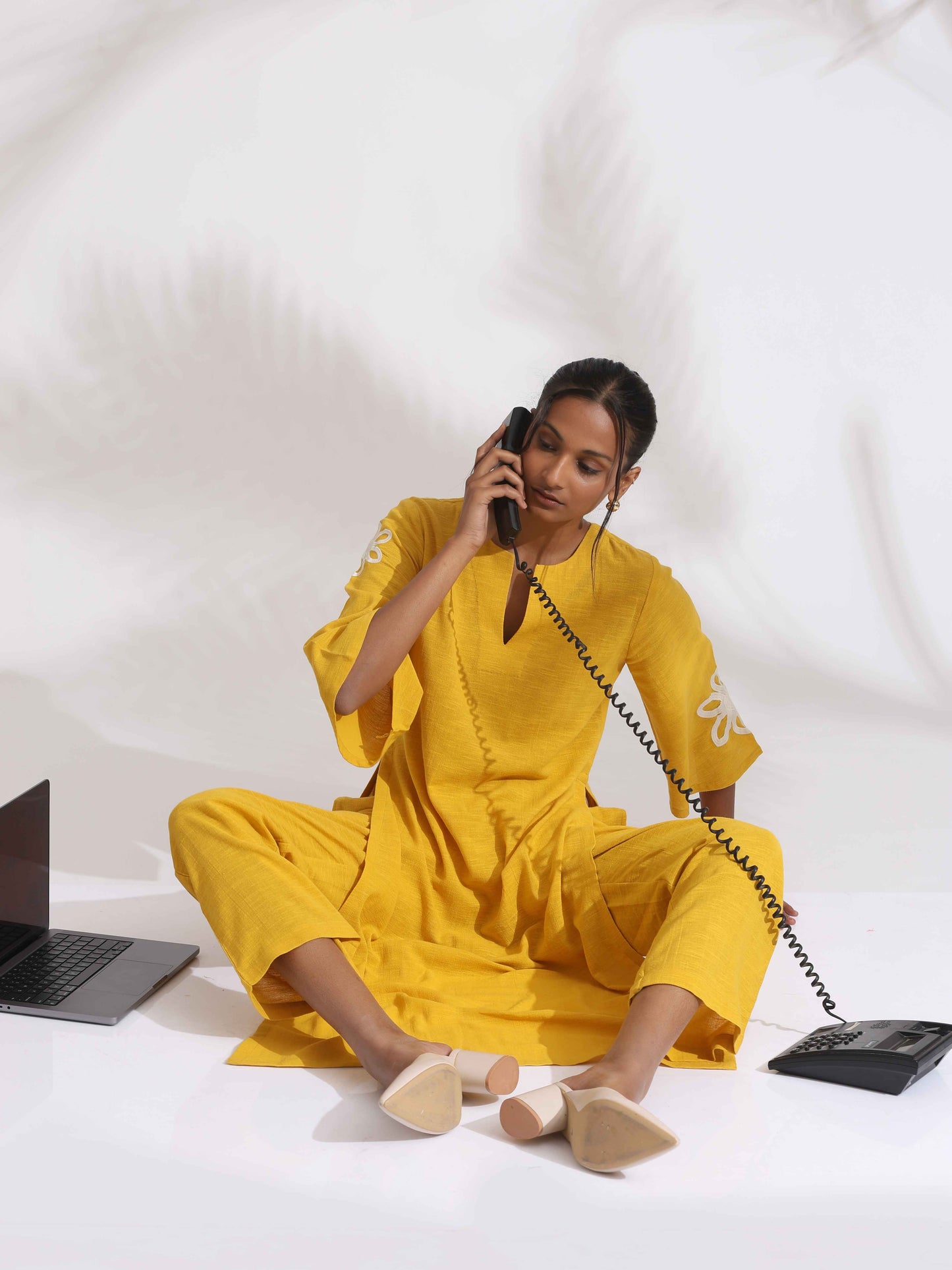 trueBrowns Yellow Cotton Slub Embroidered Straight Kurta Set | Swadesiicart