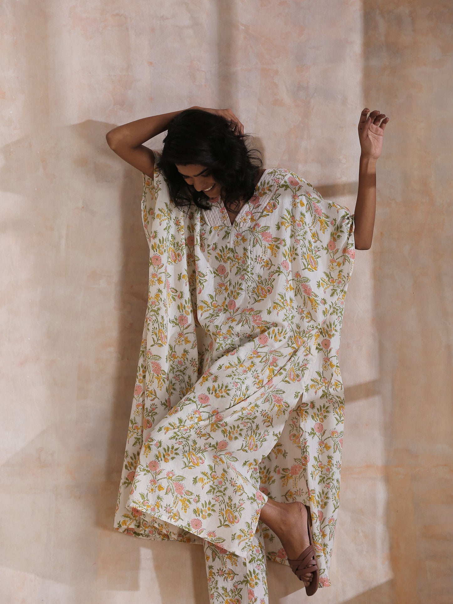 trueBrowns Pink Yellow Floral On White Block Print Cotton Panel Kaftan Kurta Pant Set | Swadesiicart