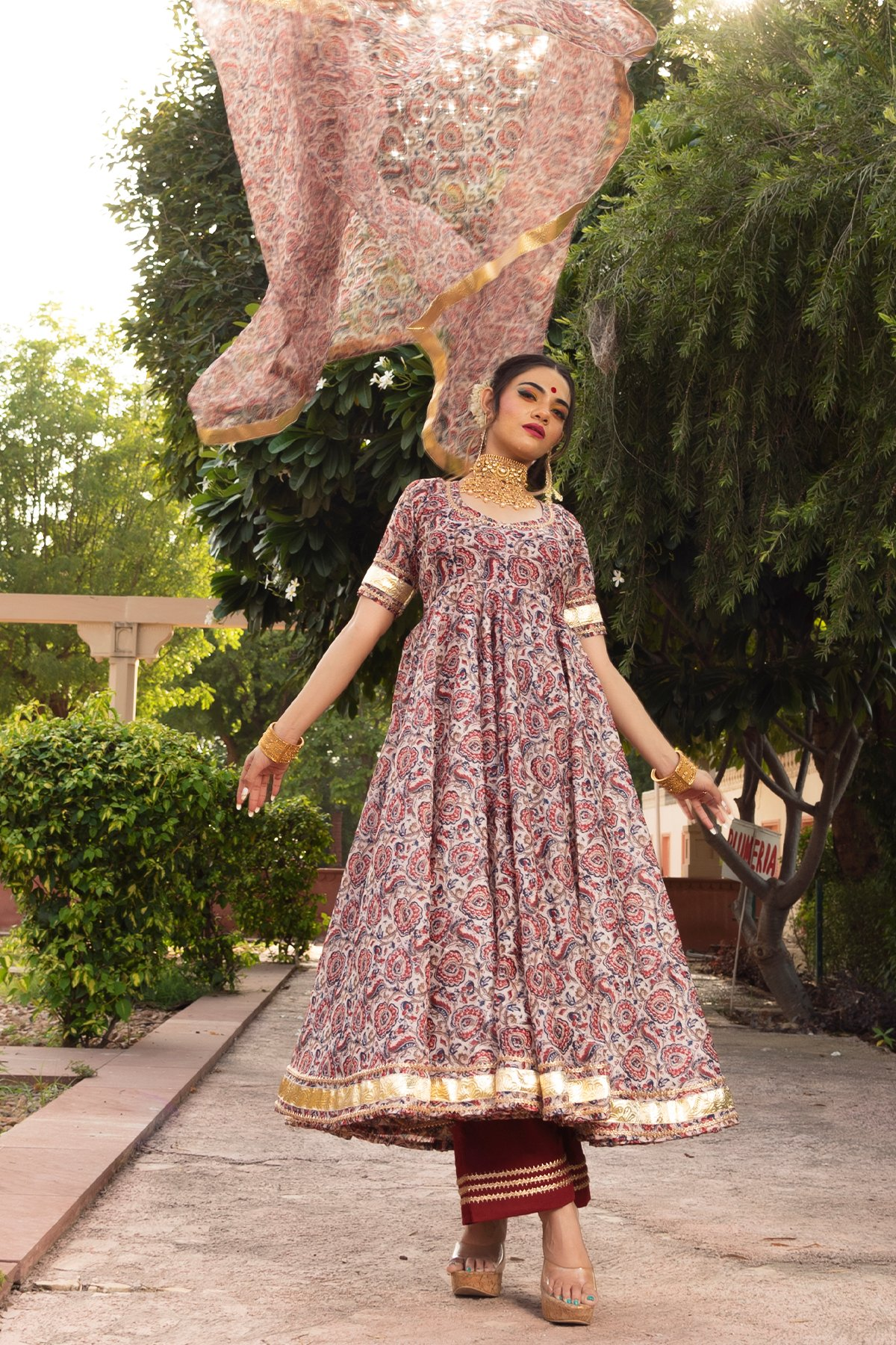 Pomcha Jaipur Gulbagh Organza Anarkali Set | Swadesiicart