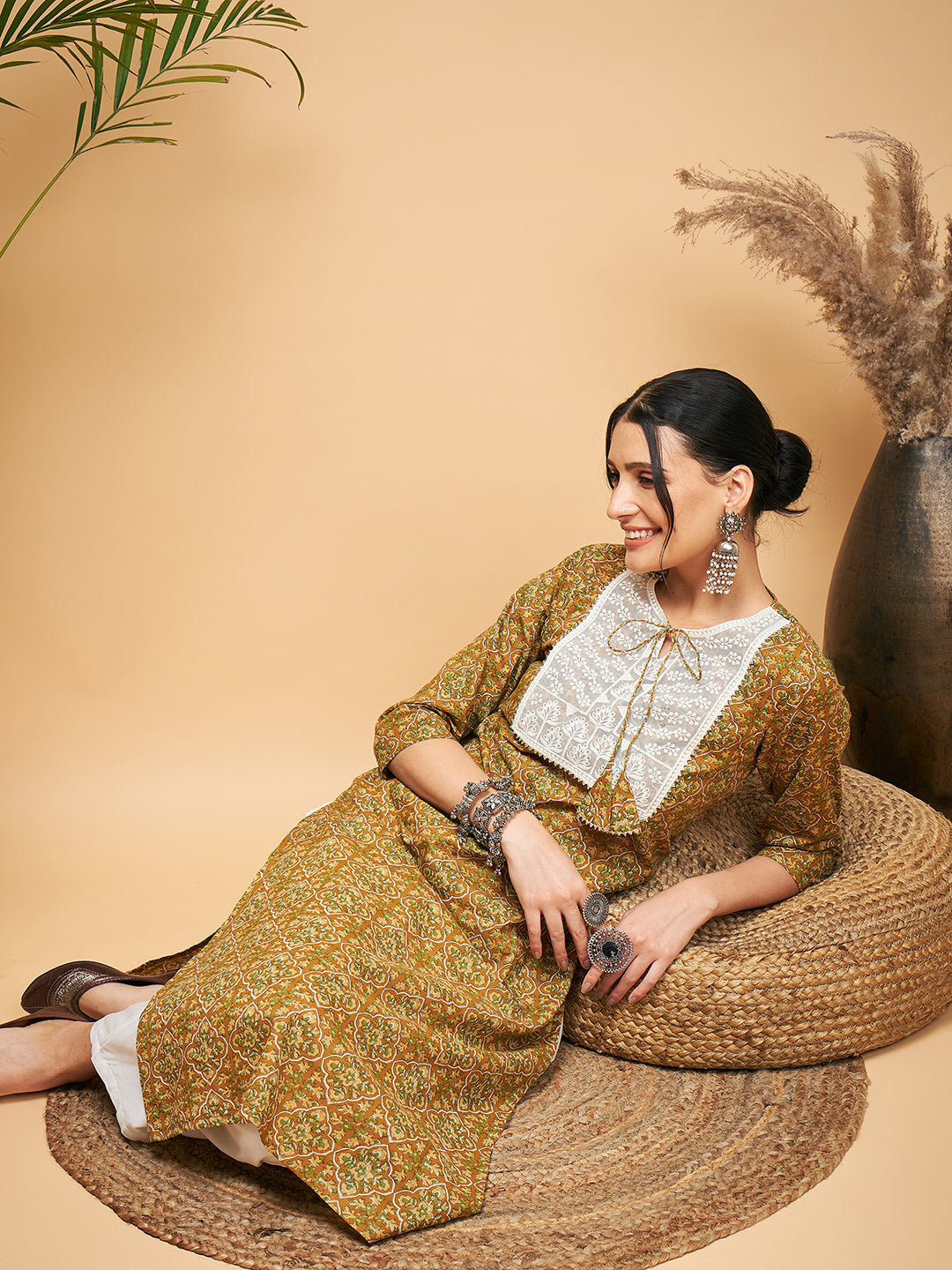 InWeave Women's Olive Ajrakh Print Cotton Patch Work Straight Kurta Pant Set - Swadesiicart