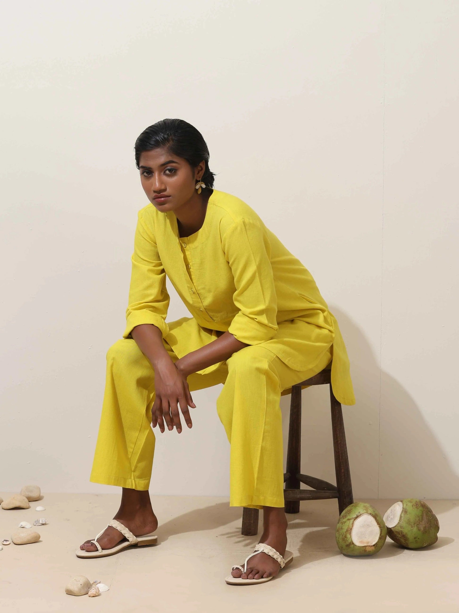 trueBrowns Lime Cotton Linen Kurta Co-Ord Set - Swadesiicart