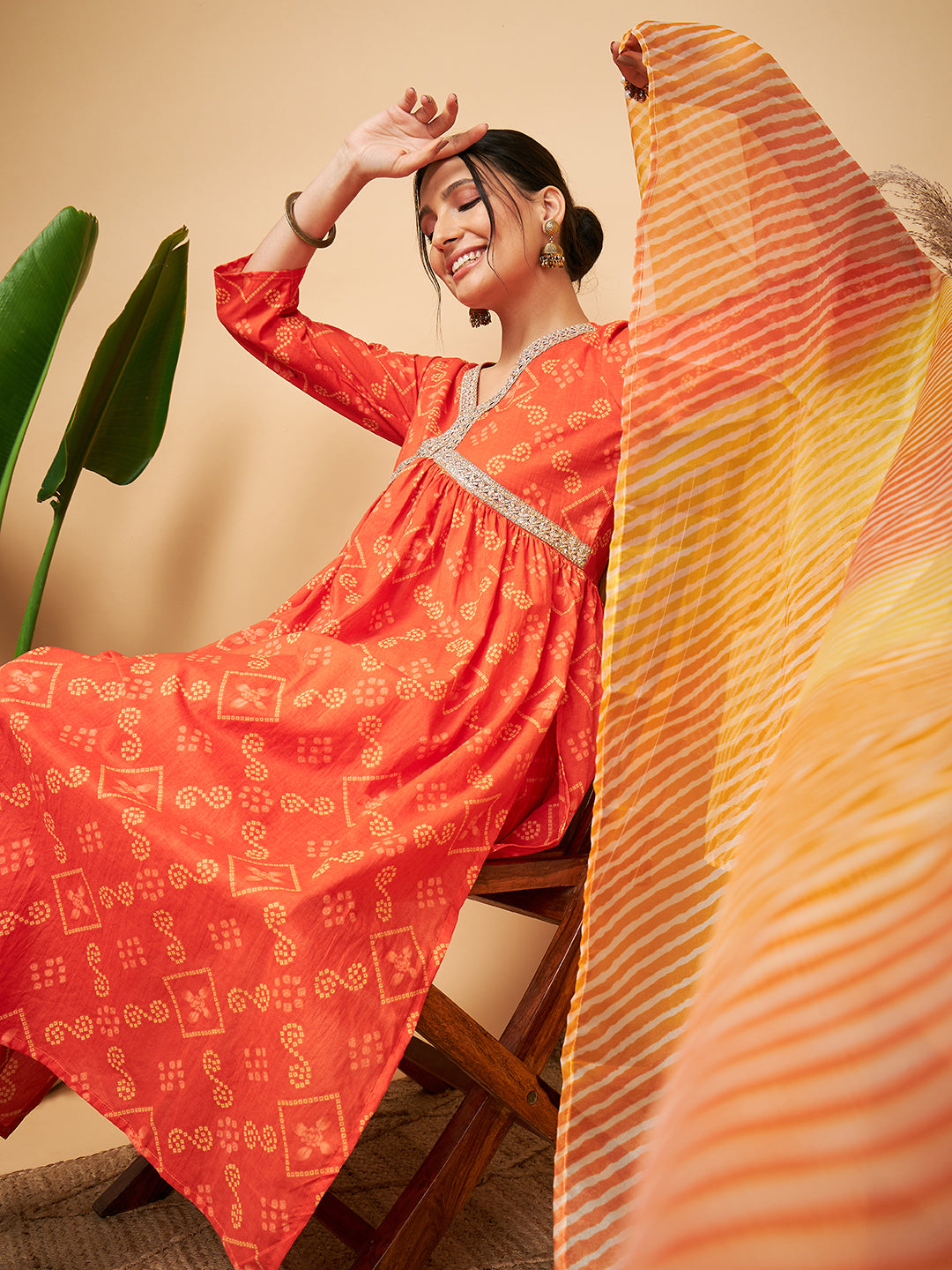 InWeave Women's Orange S Print Alia Cut Gota Work Kurta Set W Mustard Le Du - Swadesiicart