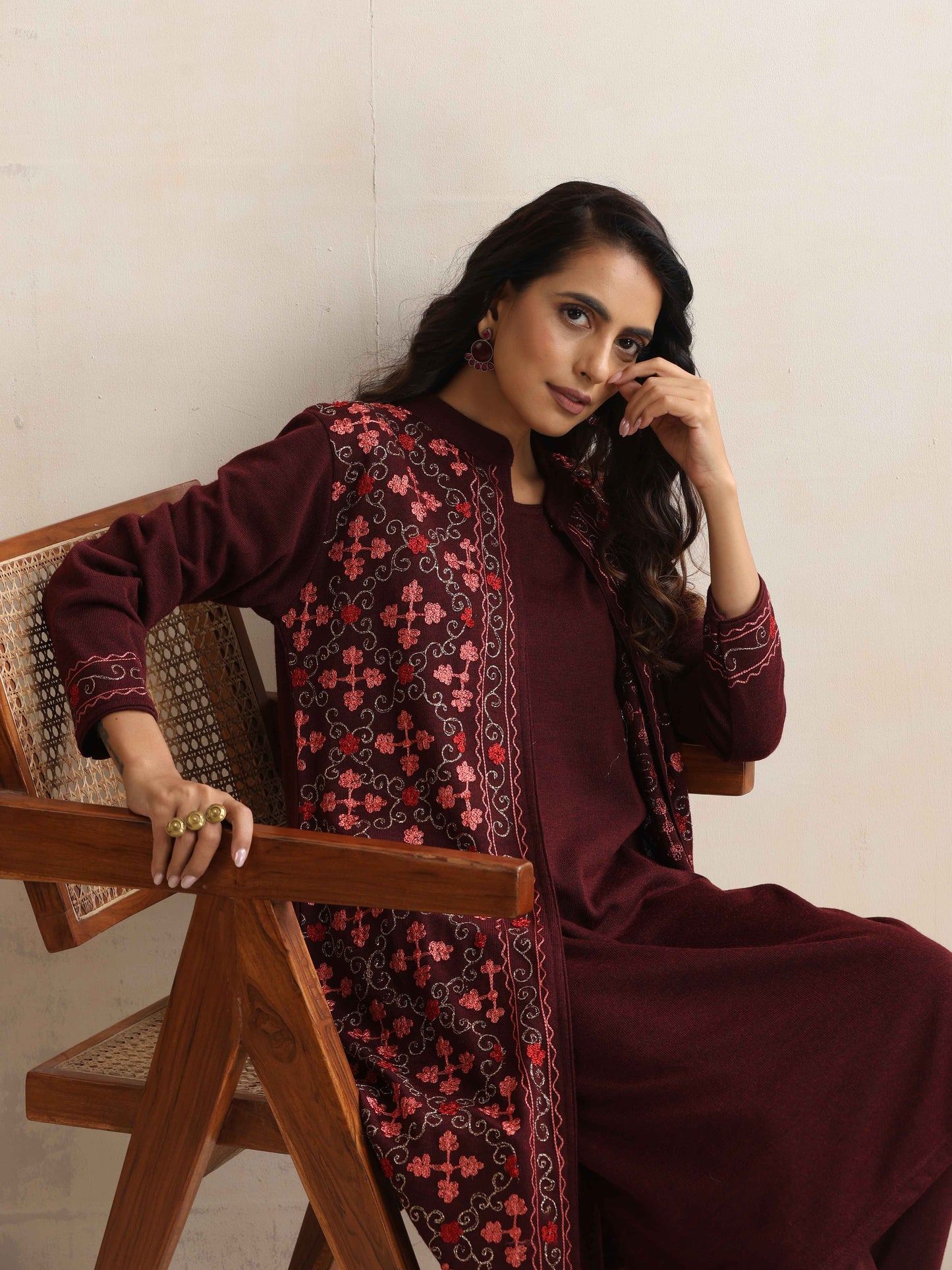 trueBrowns Purple Kashmiri Woollen Jacket 3pc Set | Swadesiicart