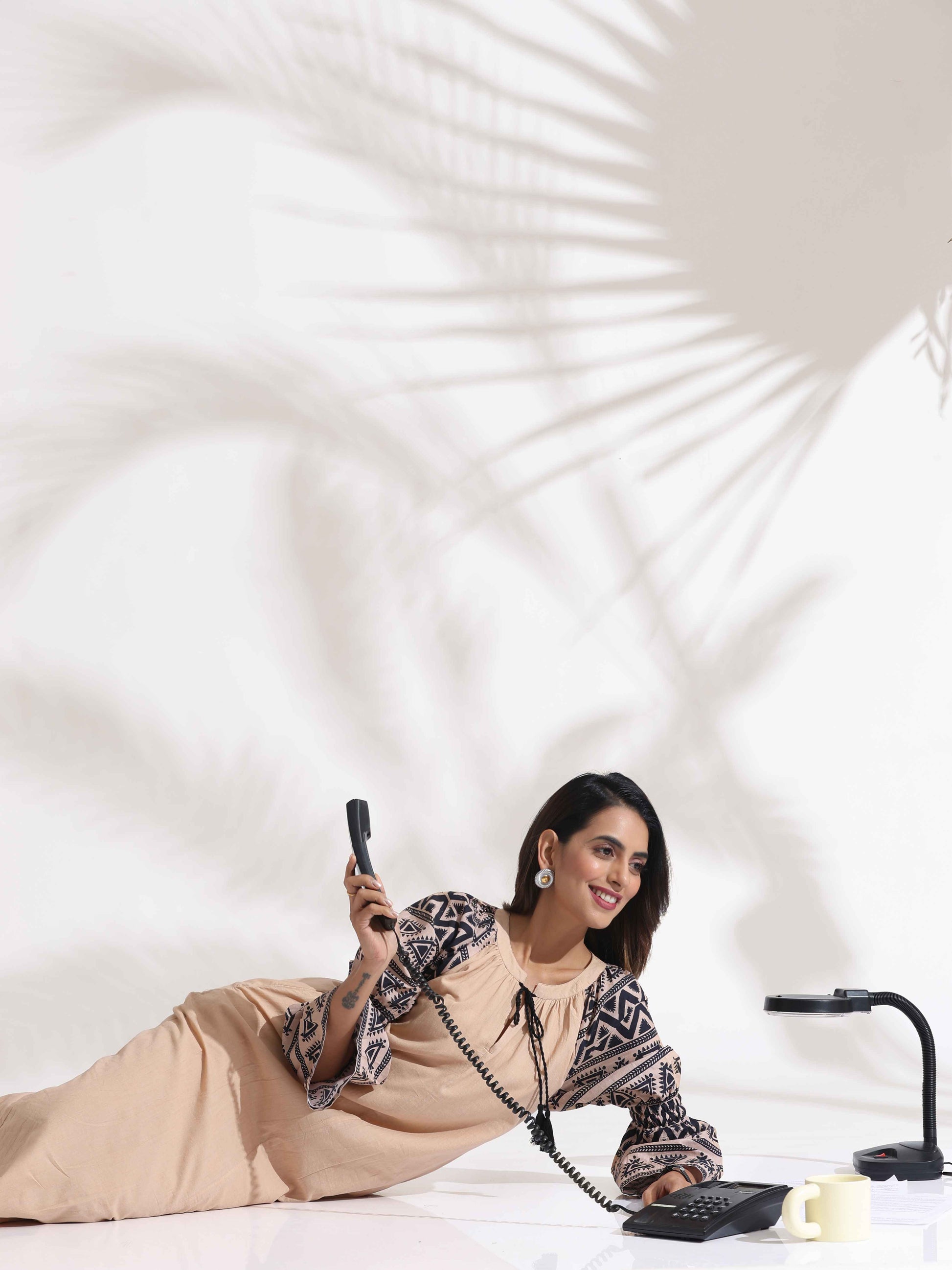 trueBrowns Beige Cotton Print Long Dress | Swadesiicart