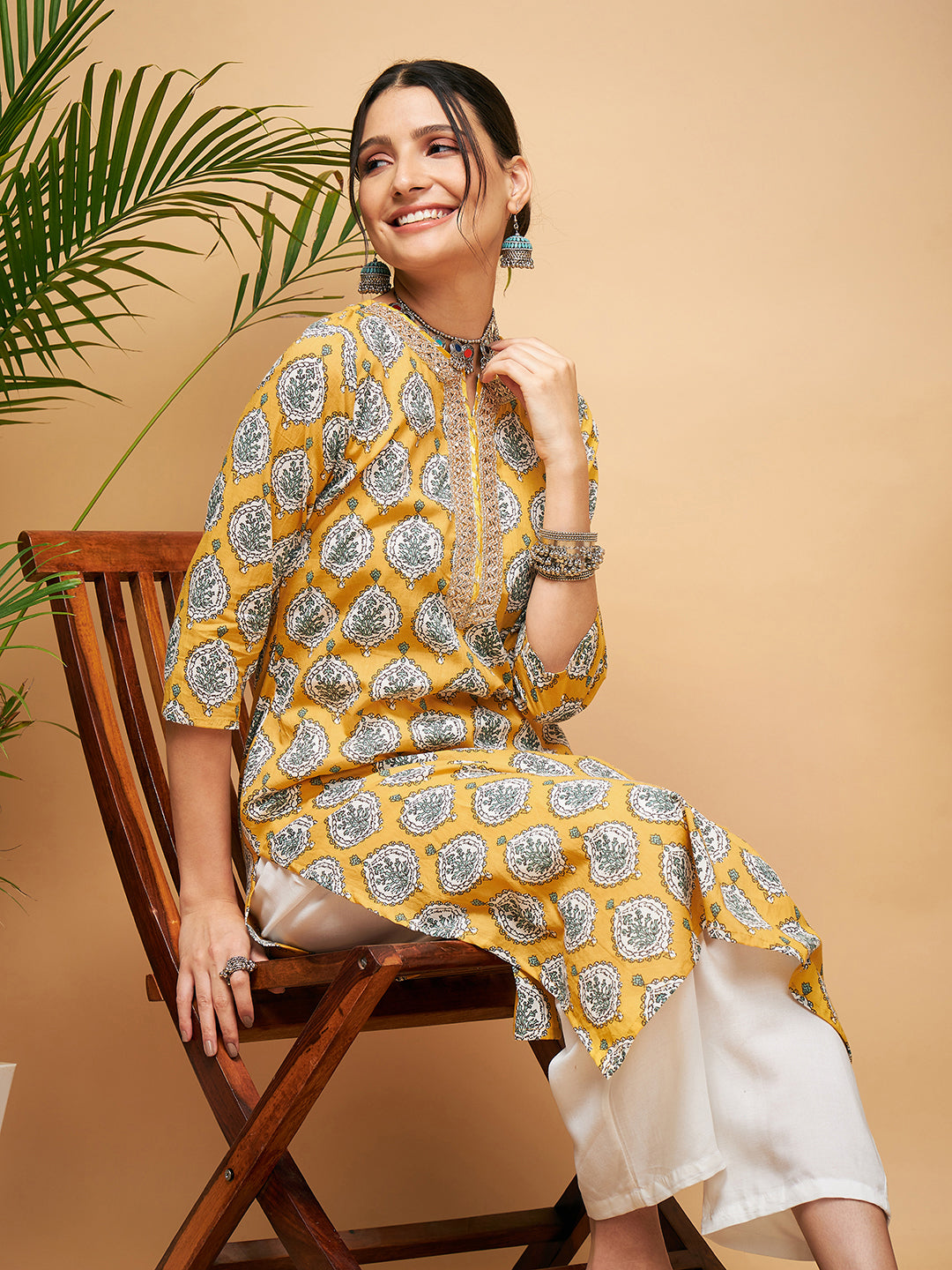 InWeave Women's Sunset Boota Print Gota Straight Kurta - Swadesiicart