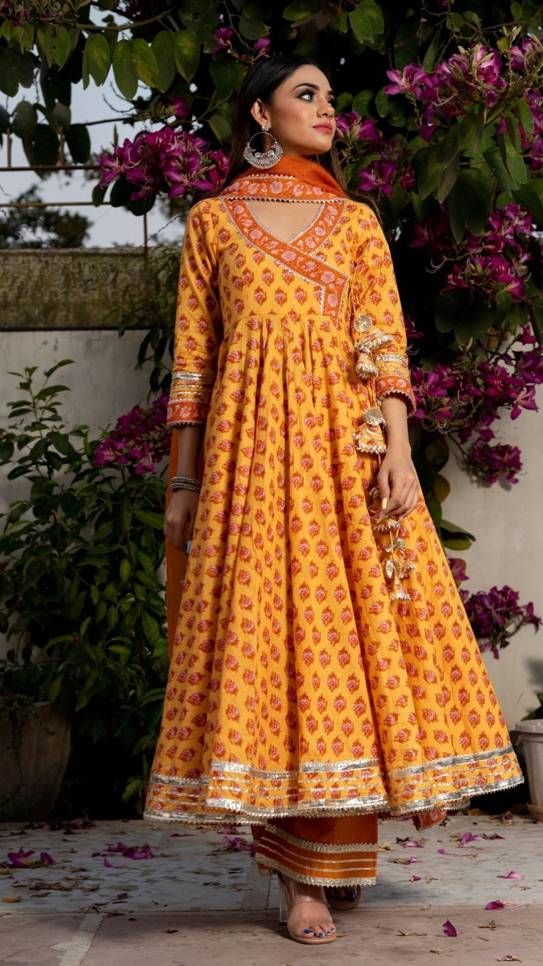 Pomcha Jaipur Mehar Light Brown Hand Block Anarkali Set | Swadesiicart