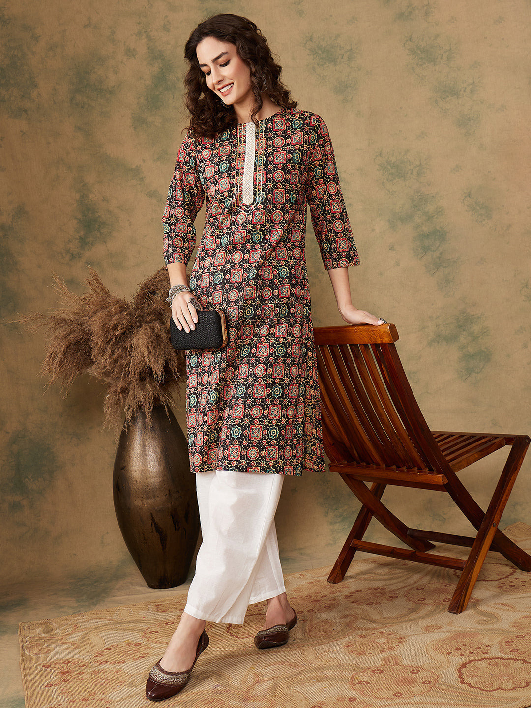 InWeave Women's Black Maroon Print Lace Gota Work Straight Kurta - Swadesiicart