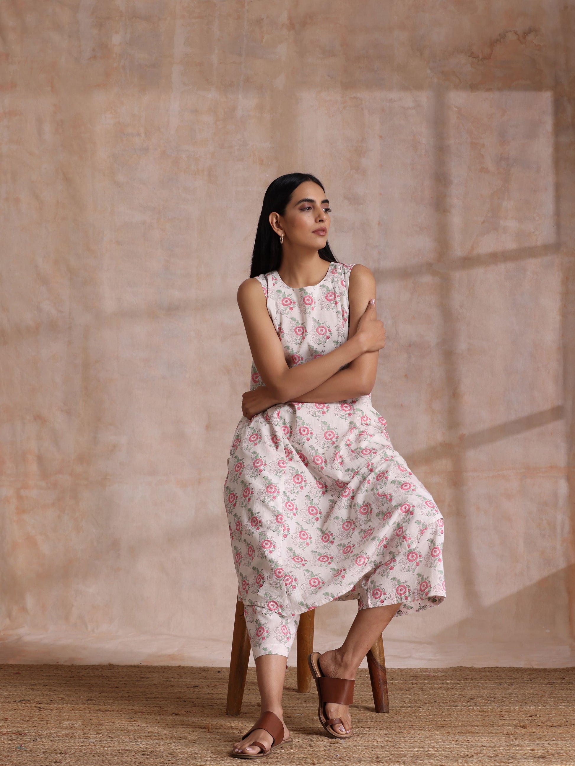 trueBrowns Pink Green Buta On White Block Print Cotton High-Low Co-Ord Set - Swadesiicart
