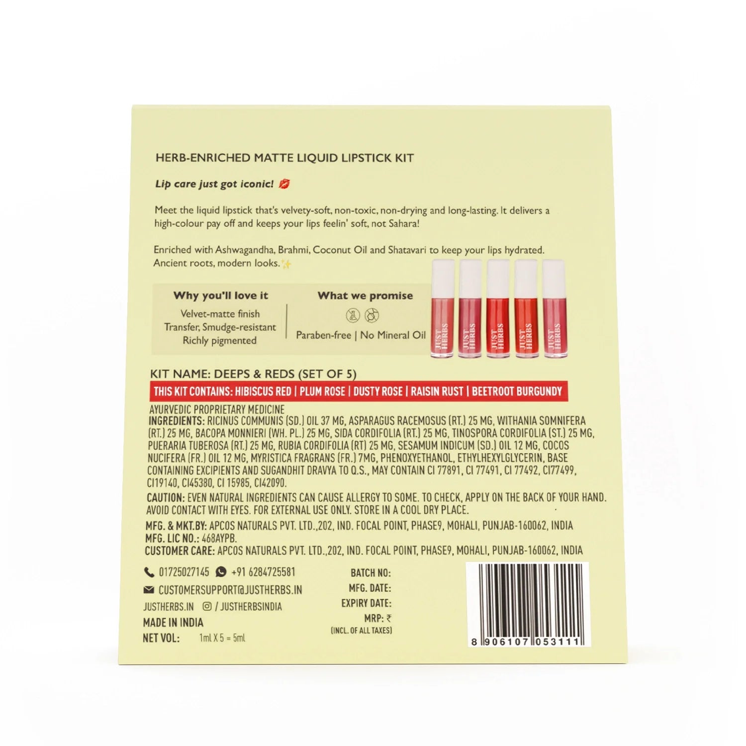 Herb Enriched Matte Liquid Lipstick Kit- Set of 5
