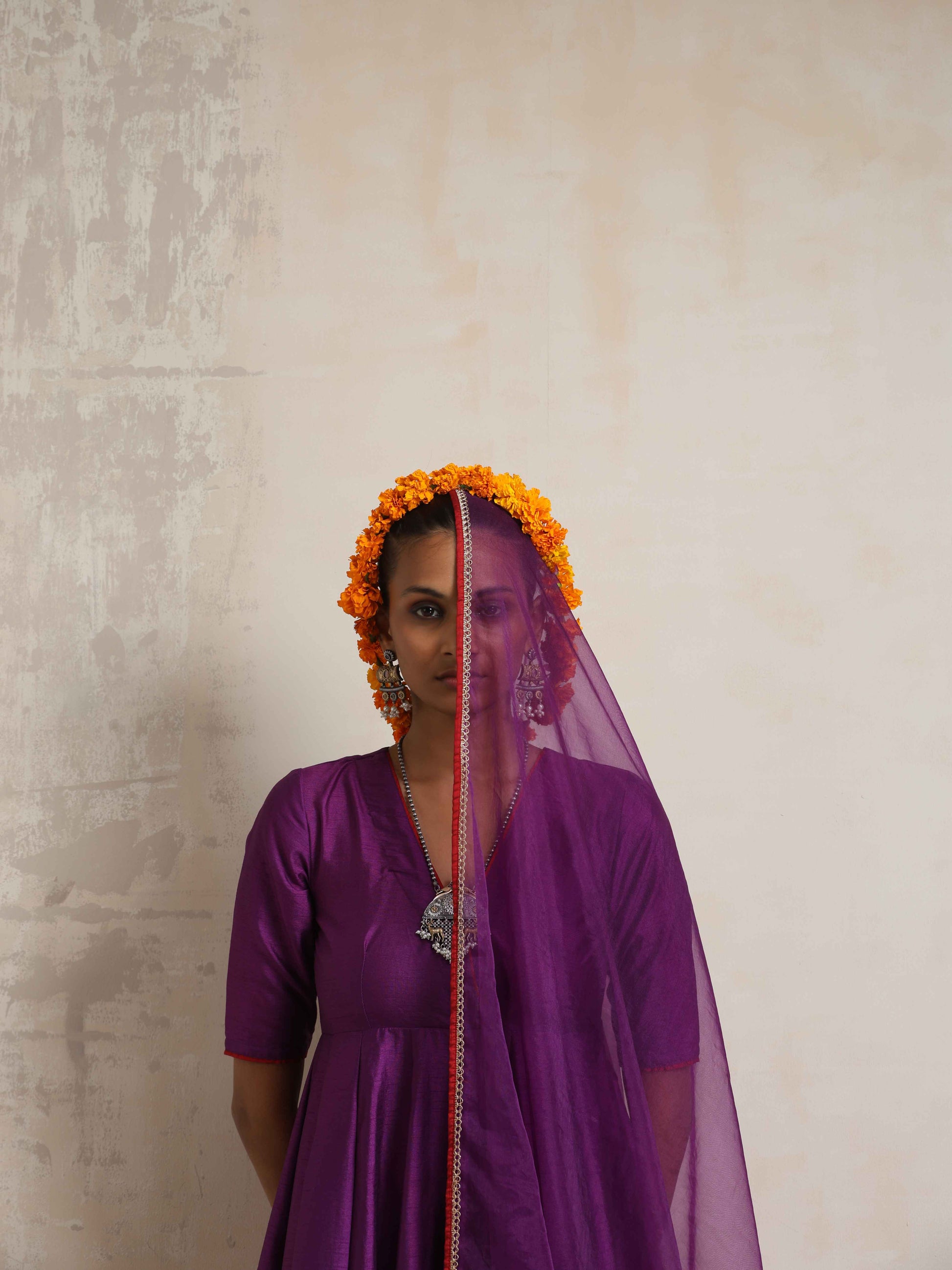 trueBrowns Purple Silk Anarkali Kurta Pant Dupatta Set | Swadesiicart