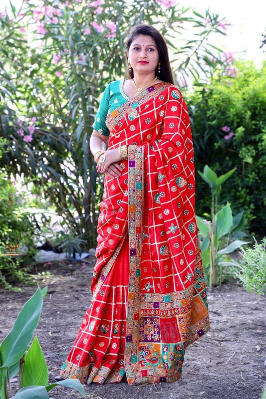 Lorenvalley Fashion Premium Red Dola Silk Embroidery and Diamond work with Jacquard Lace Border Saree - Swadesiicart