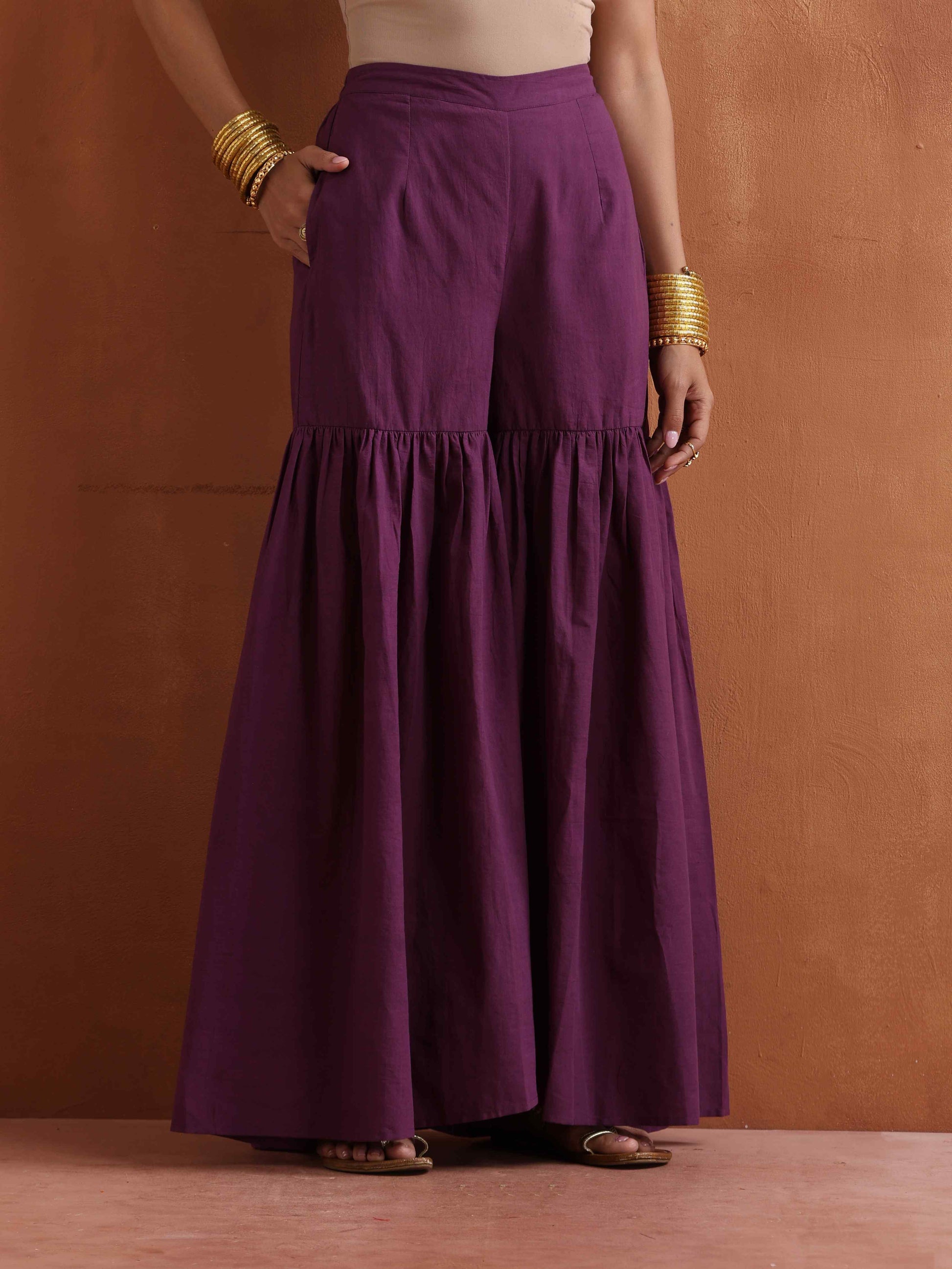 trueBrowns Purple Metallic Sharara Dupatta Set | Swadesiicart