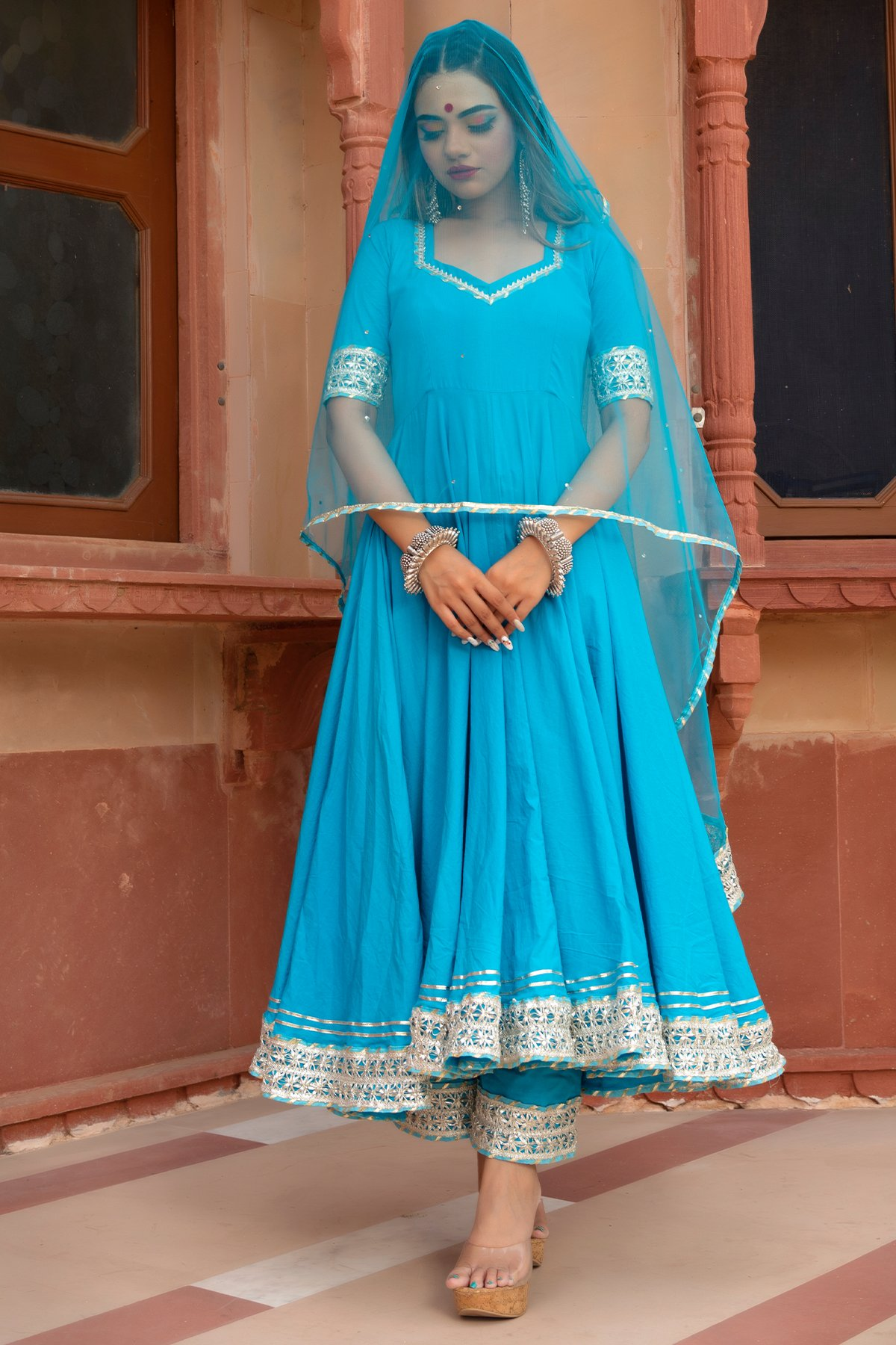 Pomcha Jaipur Kalamkari Blue Pure Cotton Anarkali Set | Swadesiicart