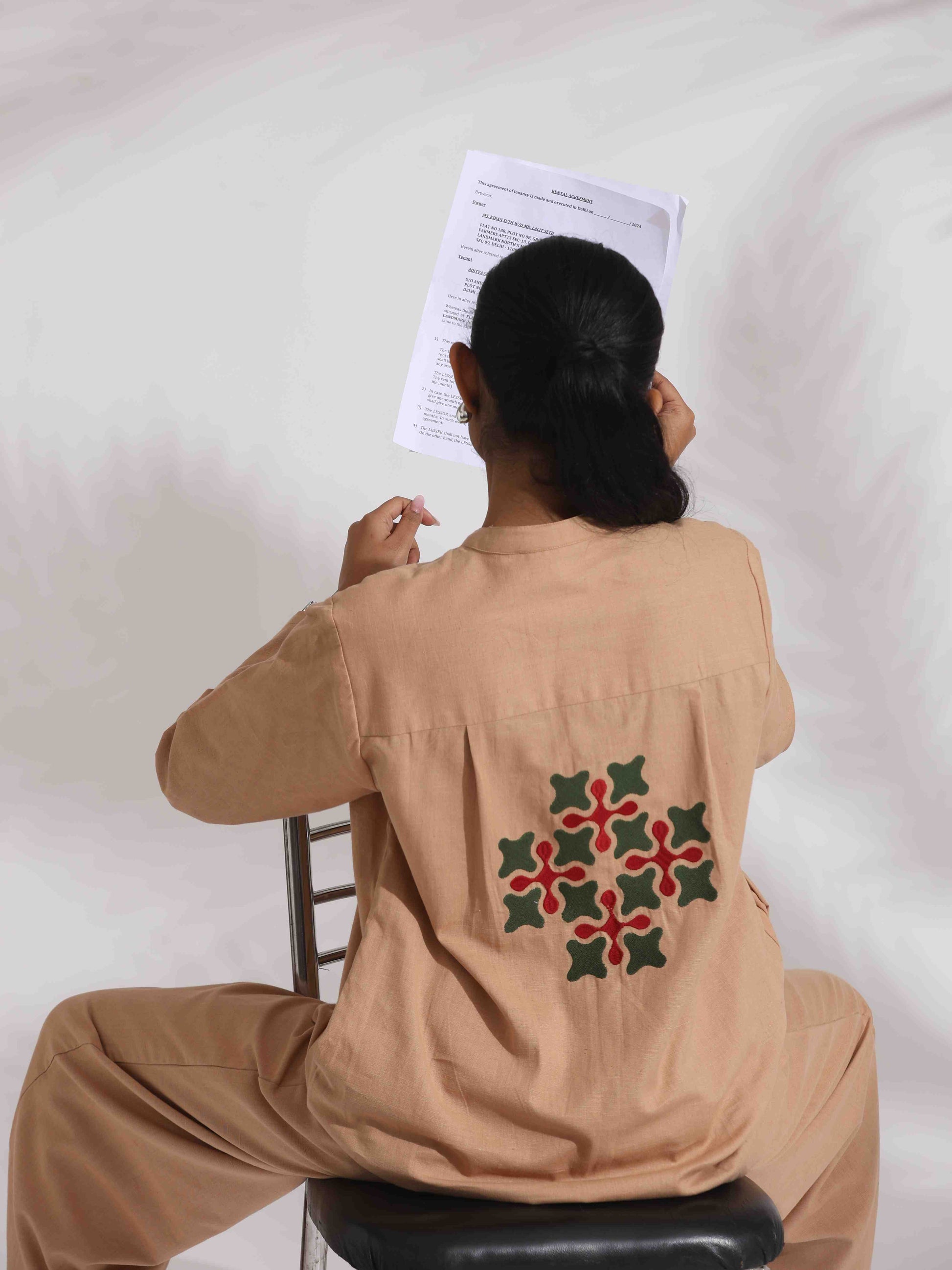 trueBrowns Beige Cotton Embroidered Shirt Top Co-ord Set - Swadesiicart