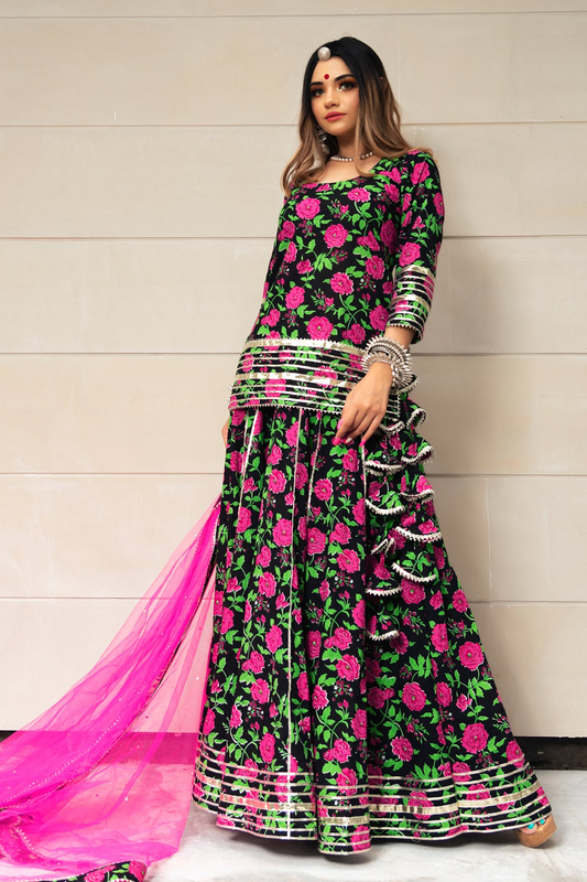 Pomcha Jaipur Gulmohar Cotton Hand Block Skirt Set | Swadesiicart