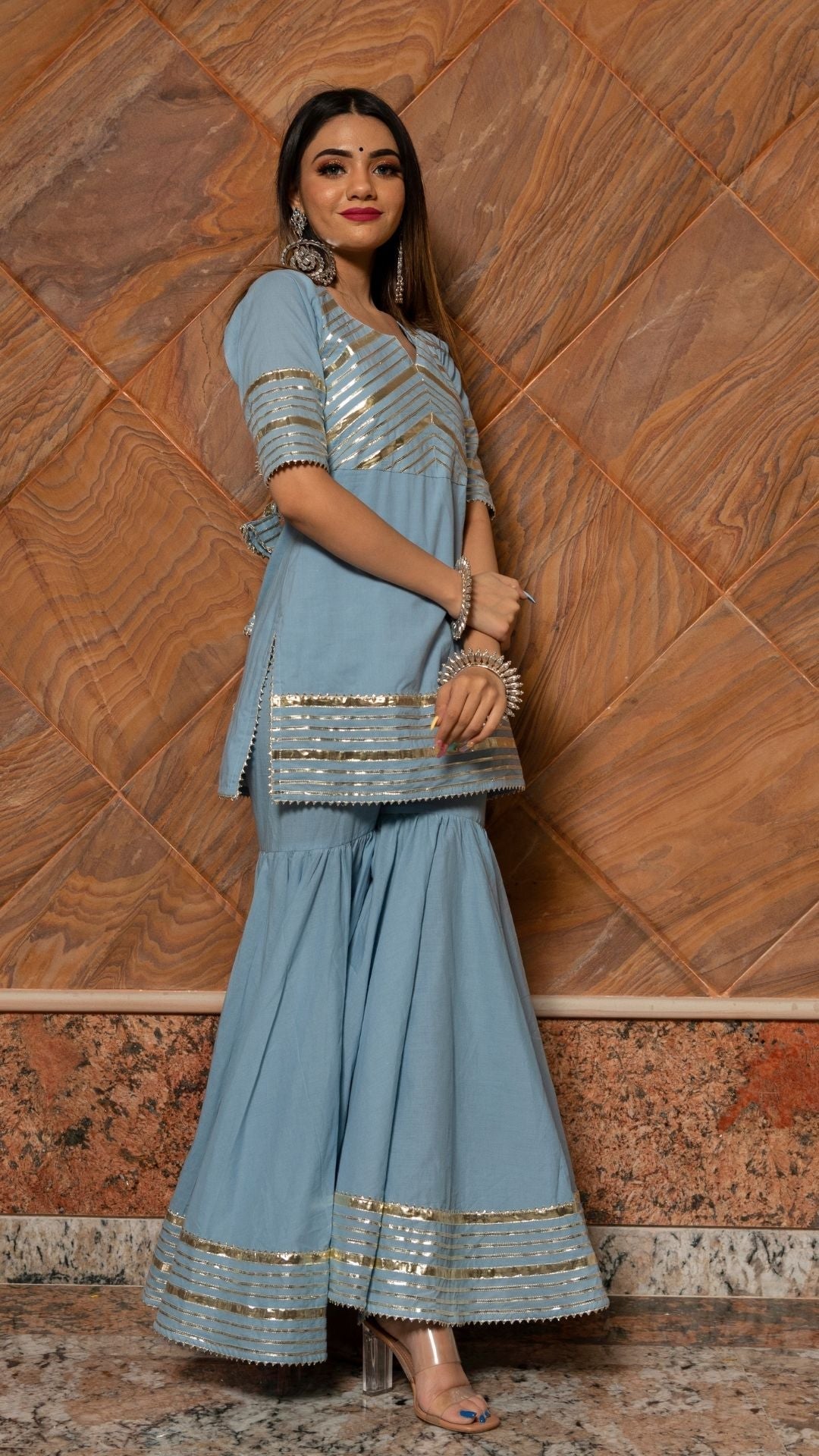 Pomcha Jaipur Powder Blue Pure Cotton Sharara Set | Swadesiicart
