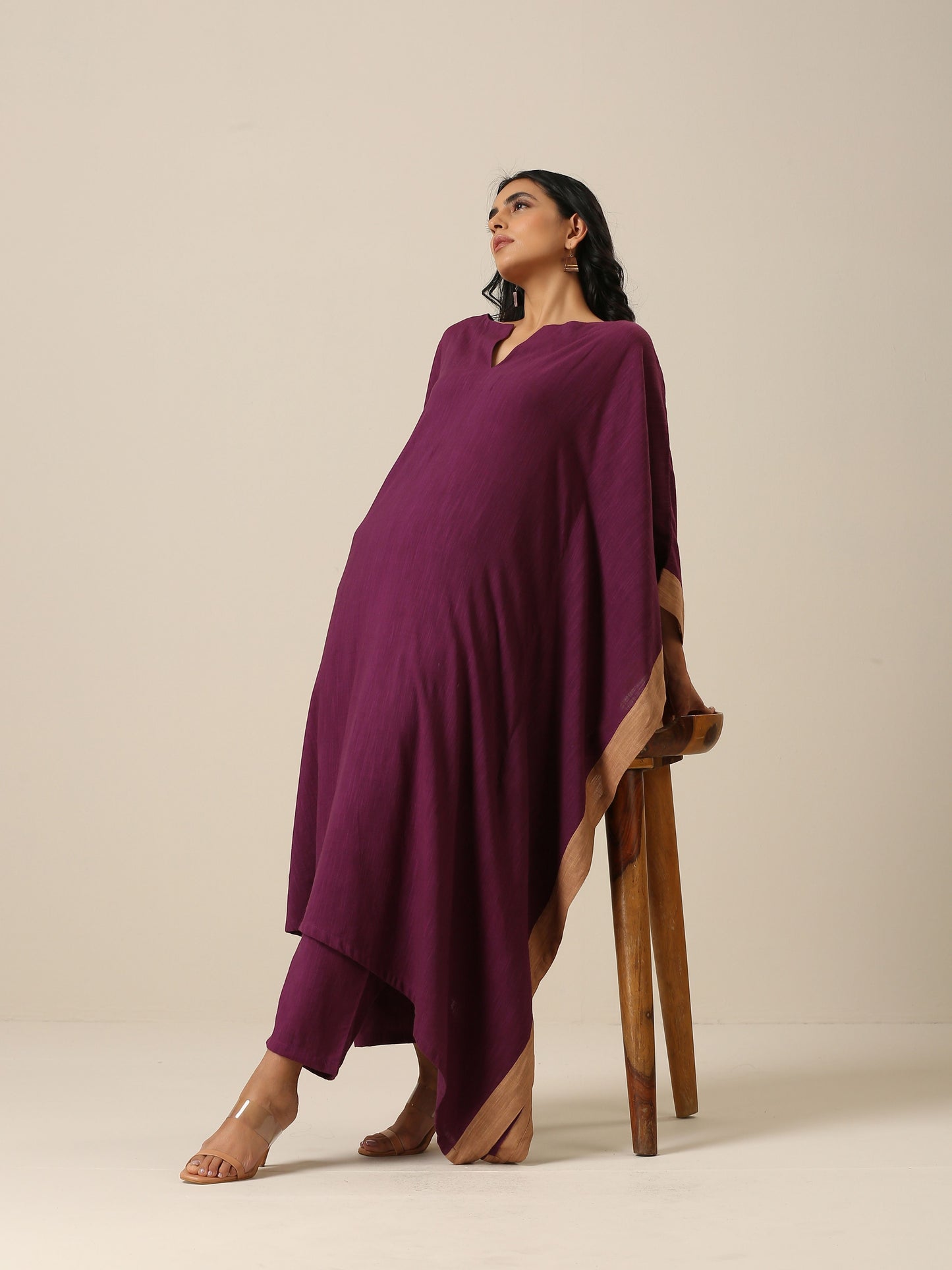 trueBrowns Plum Purple Slub Texture High Low Kaftan Pant Set | Swadesiicart