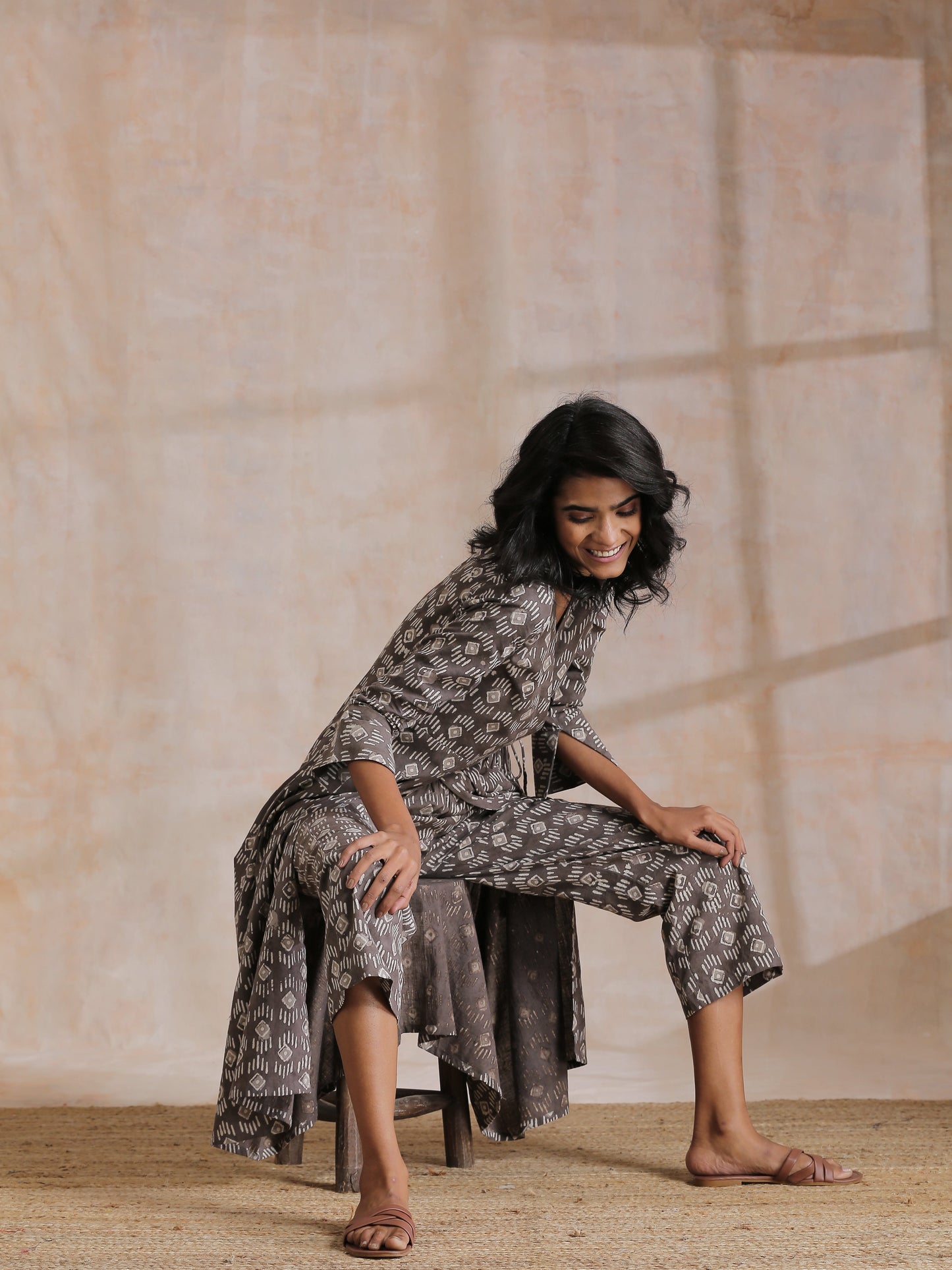 trueBrowns Clay Dabu Geometric Print Cotton Angrakha Kurta Pant Set | Swadesiicart