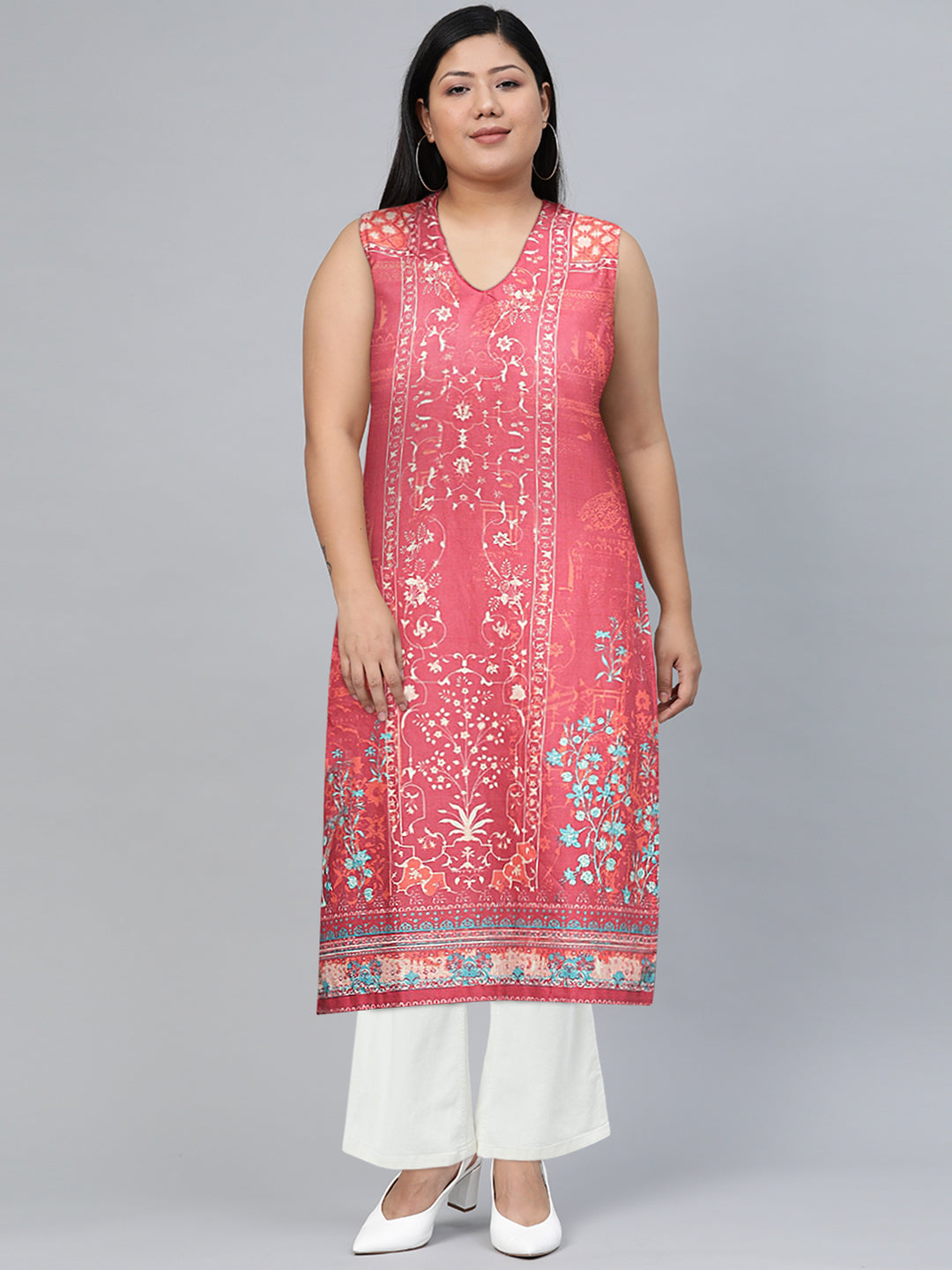 Biba Women Pink Pure Cotton Ethnic Motifs Printed V-Neck Sleeveless Kurta - Swadesiicart