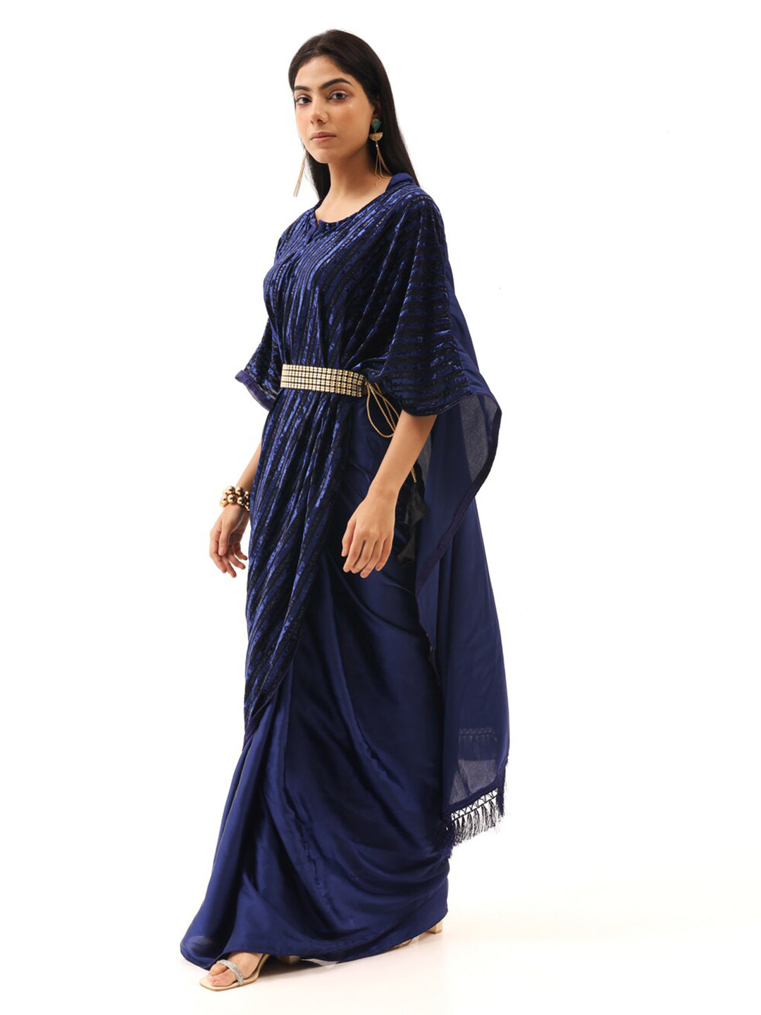 Tikhi Imli Striped Velvet Kaftan Saree | Swadesiicart