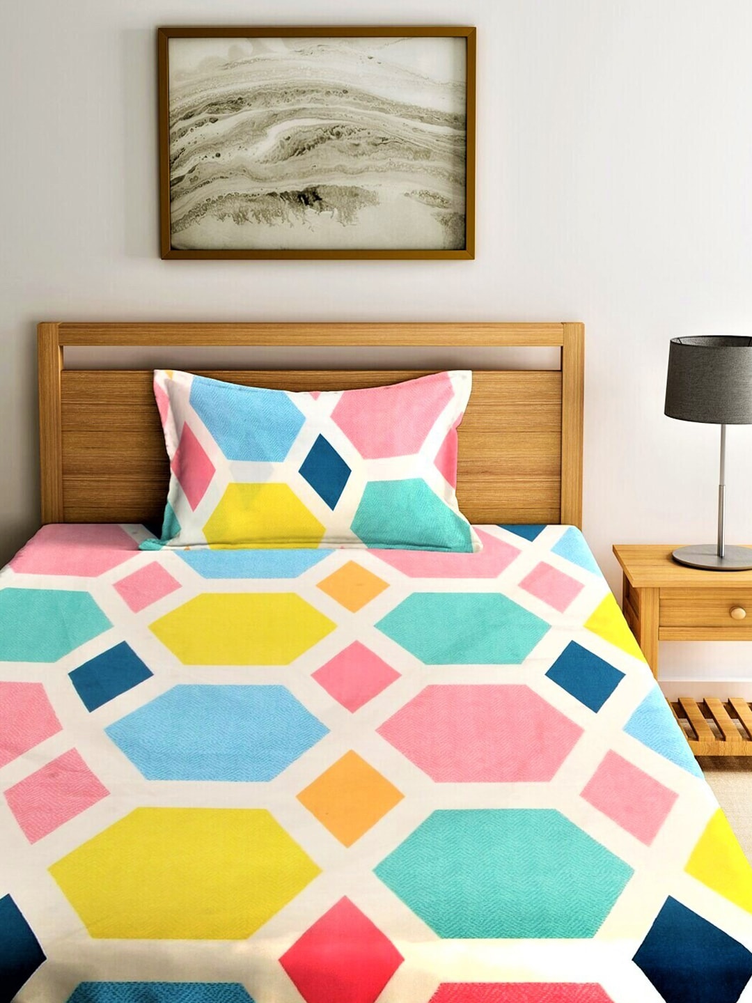 Home Sizzler Blue & Yellow Geometric 210 TC Single Bedsheet with 1 Pillow Covers - Swadesiicart