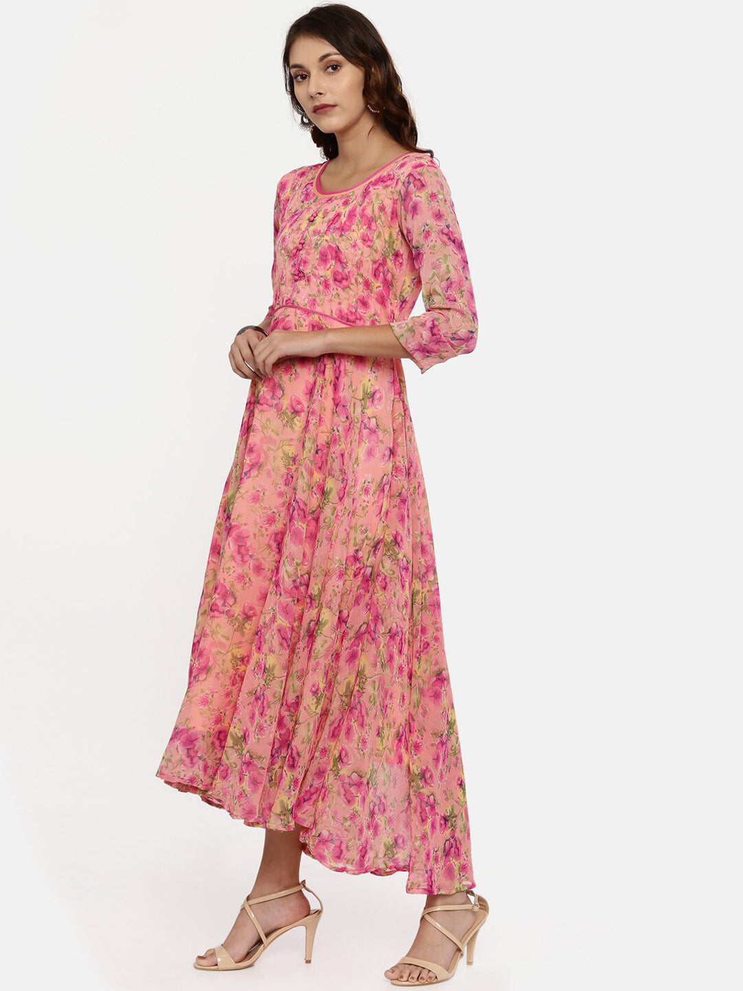 Souchii Women Pink & Yellow Floral Printed Fit & Flare Dress - Swadesiicart