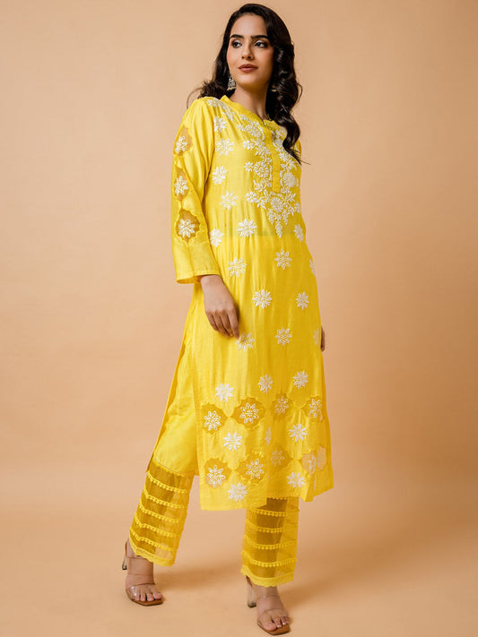 HOUSE OF KARI Floral Embroidered Chanderi Silk Chikankari Kurta | Swadesiicart