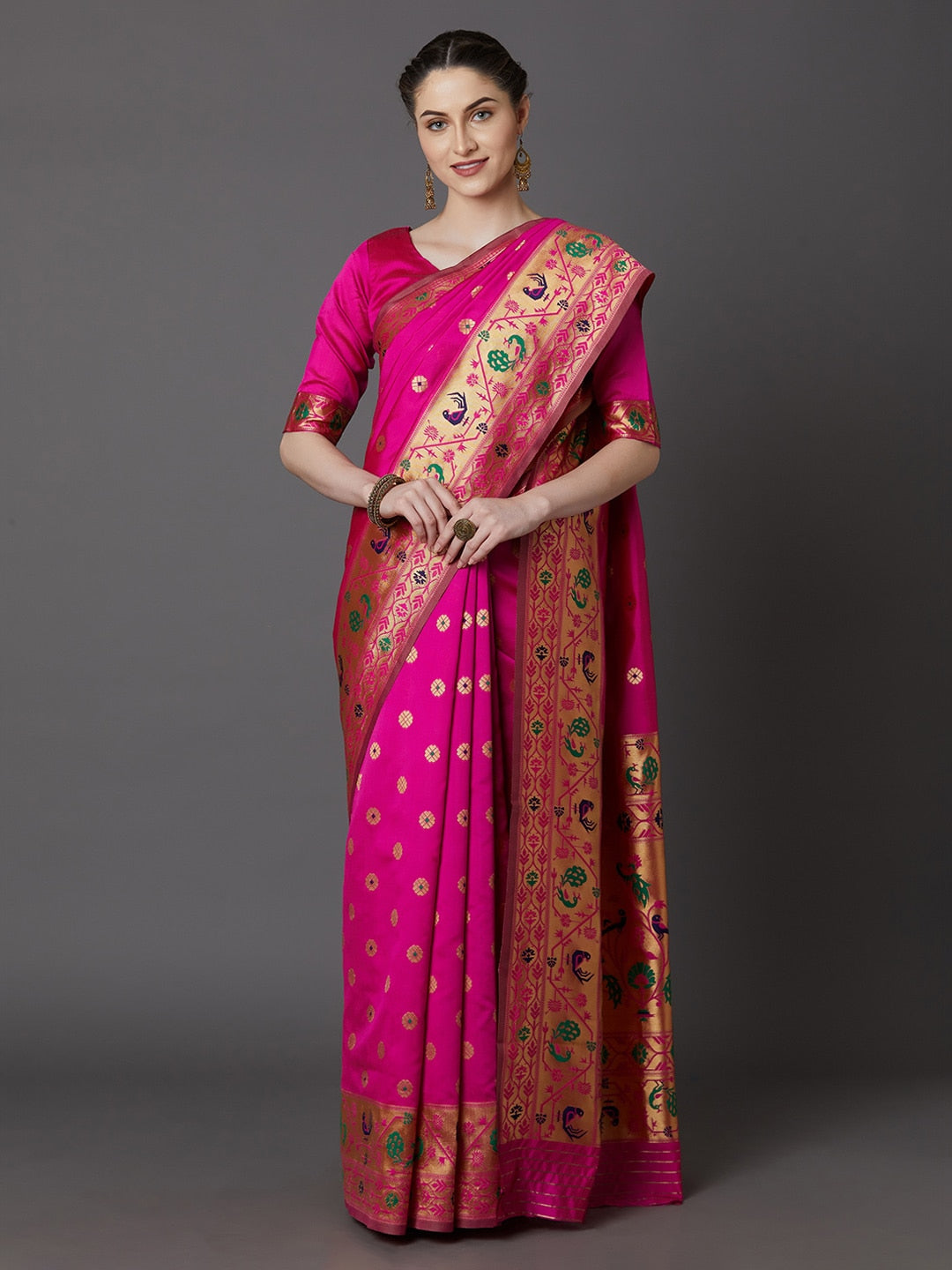 Mitera Pink Silk Blend Woven Design Banarasi Saree | Swadesiicart