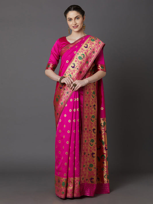 Mitera Pink Silk Blend Woven Design Banarasi Saree | Swadesiicart