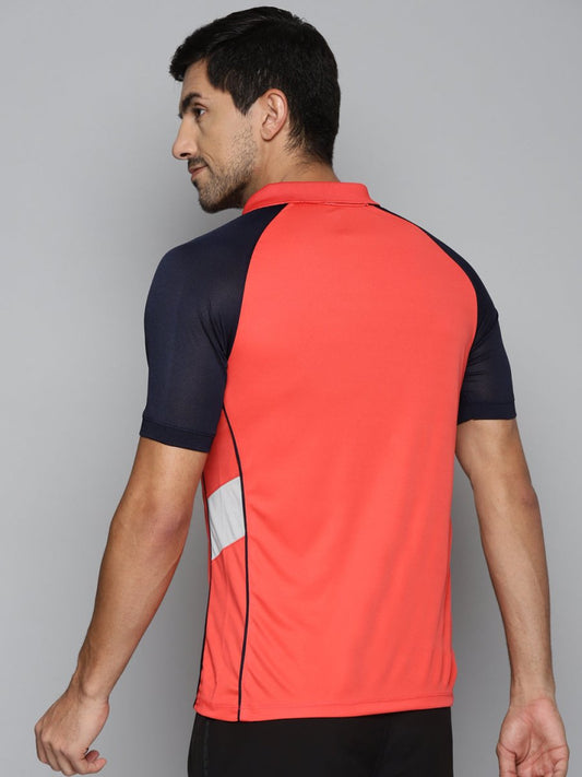Alcis Men Red & Navy Blue Colourblocked Polo Collar Slim Fit Running T-shirt | Swadesiicart