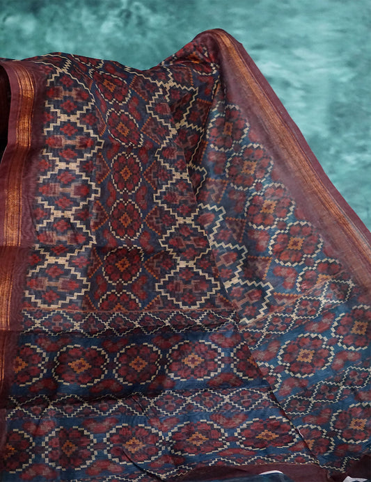 Shades Of Dark Rust Geomatrical Design Semi Chanderi Saree By Gayathri Reddy Designer Studio | Swadesiicart