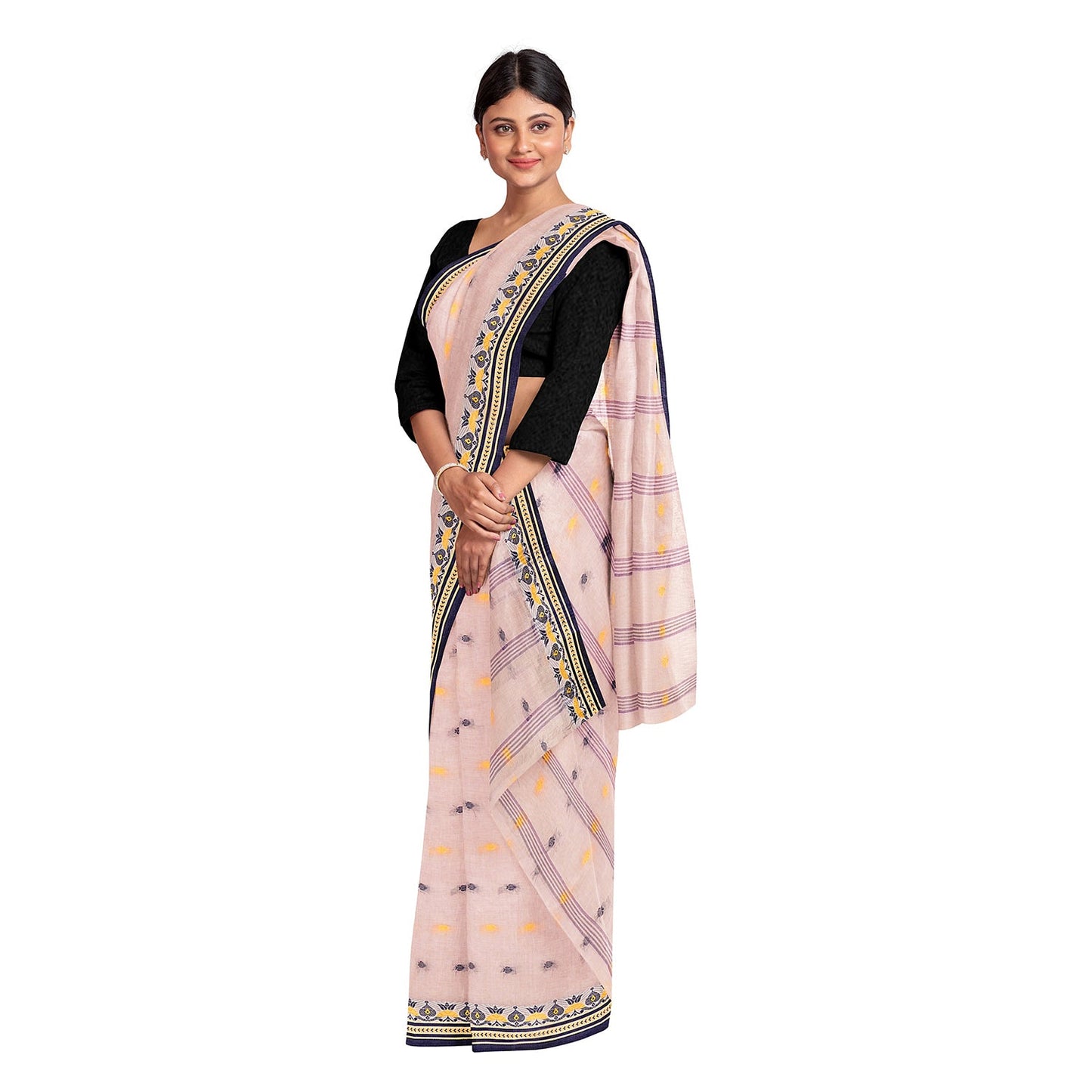 Exclusive Collection 100% Pure Cotton Cream Tant Saree With Hand Weaving Work - Swadesiicart