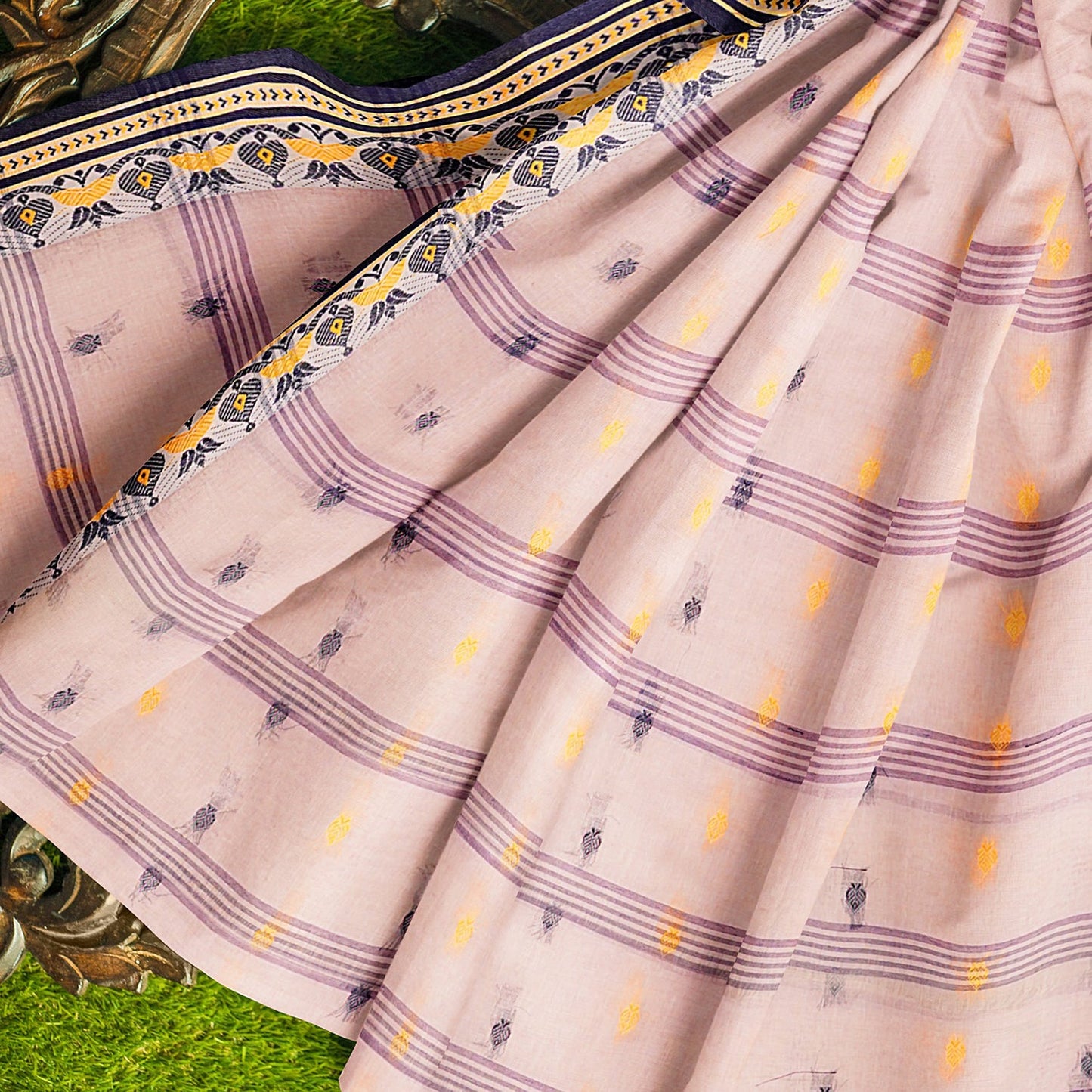 Exclusive Collection 100% Pure Cotton Cream Tant Saree With Hand Weaving Work - Swadesiicart