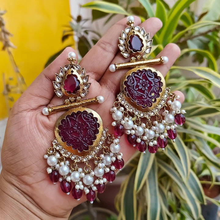 Tehzeeb Creations Latest Gold Polish Kundan & Pearl Studded Designer Drop Long Earrings For Women And Girls Maroon | Swadesiicart